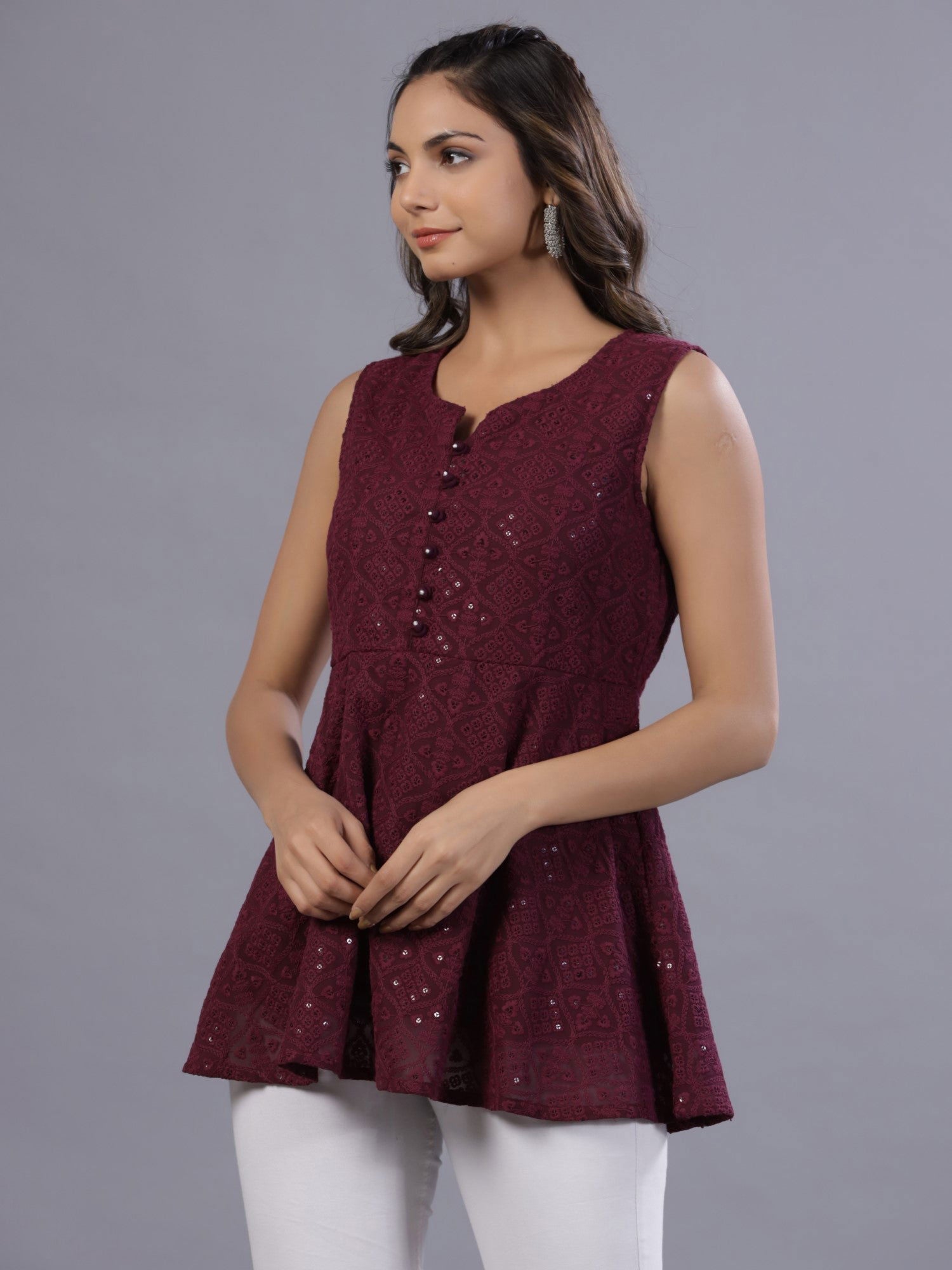 Juniper Wine Geometric Printed Georgette Embroidered Peplum Tunic With Thread Work