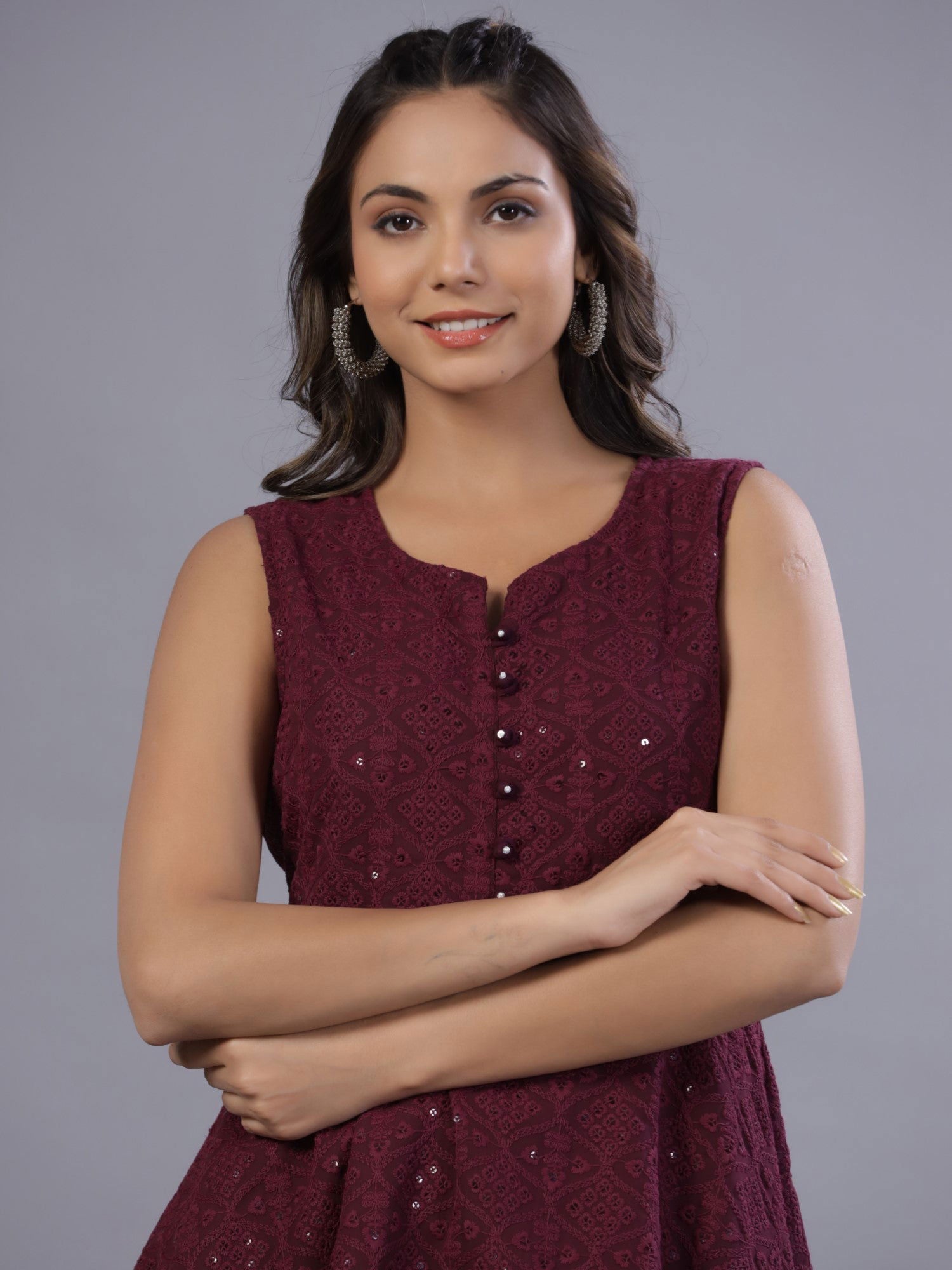 Juniper Wine Geometric Printed Georgette Embroidered Peplum Tunic With Thread Work