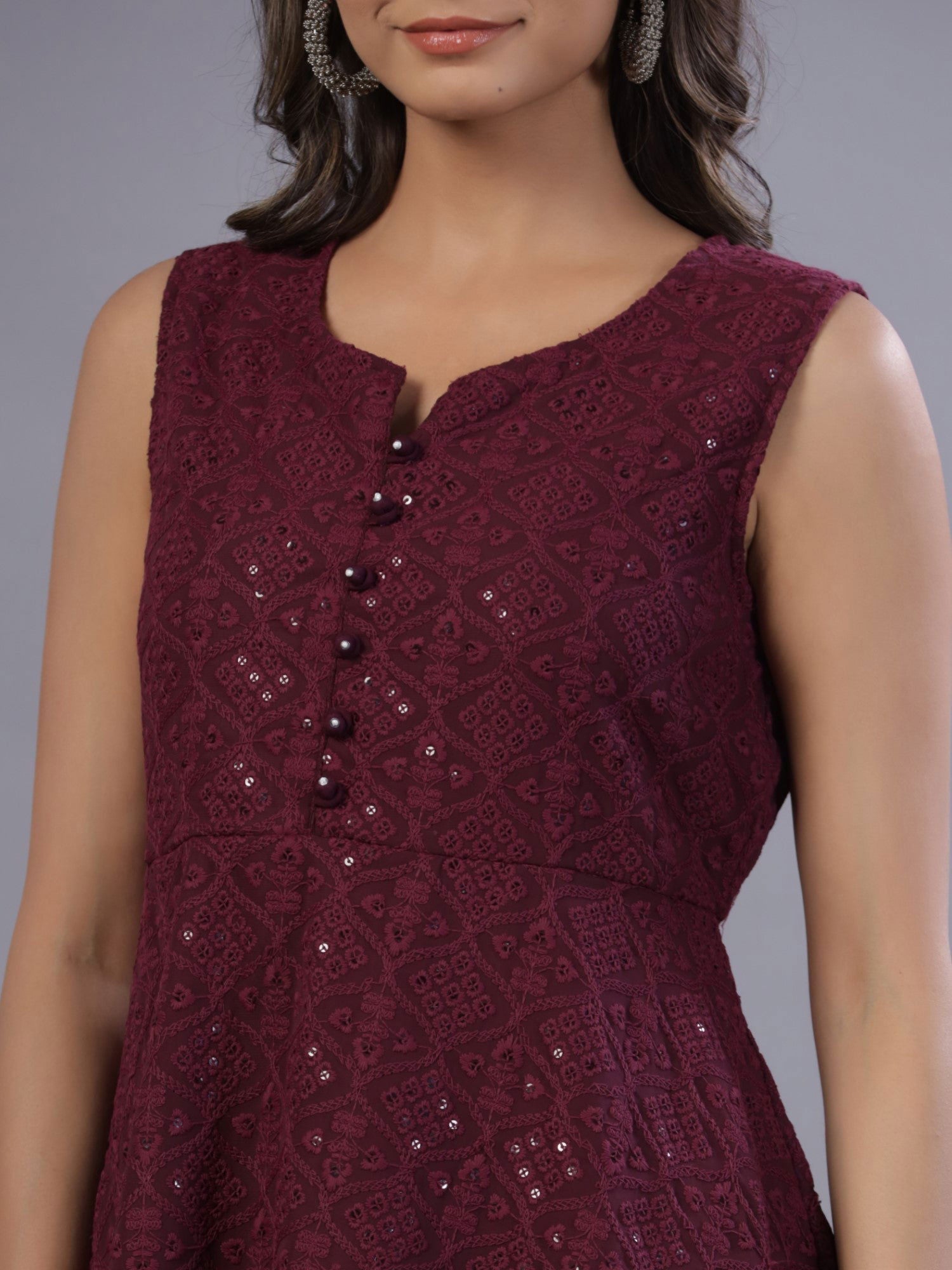 Juniper Wine Geometric Printed Georgette Embroidered Peplum Tunic With Thread Work
