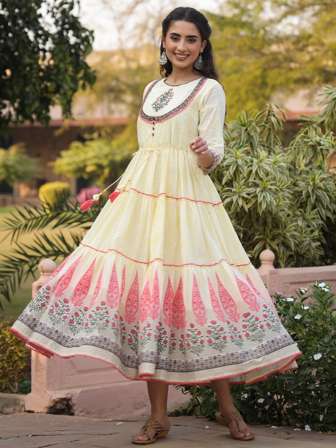 Juniper Yellow Ethnic Motif Printed Cotton Voile Maxi Dress With Thread Embroidery