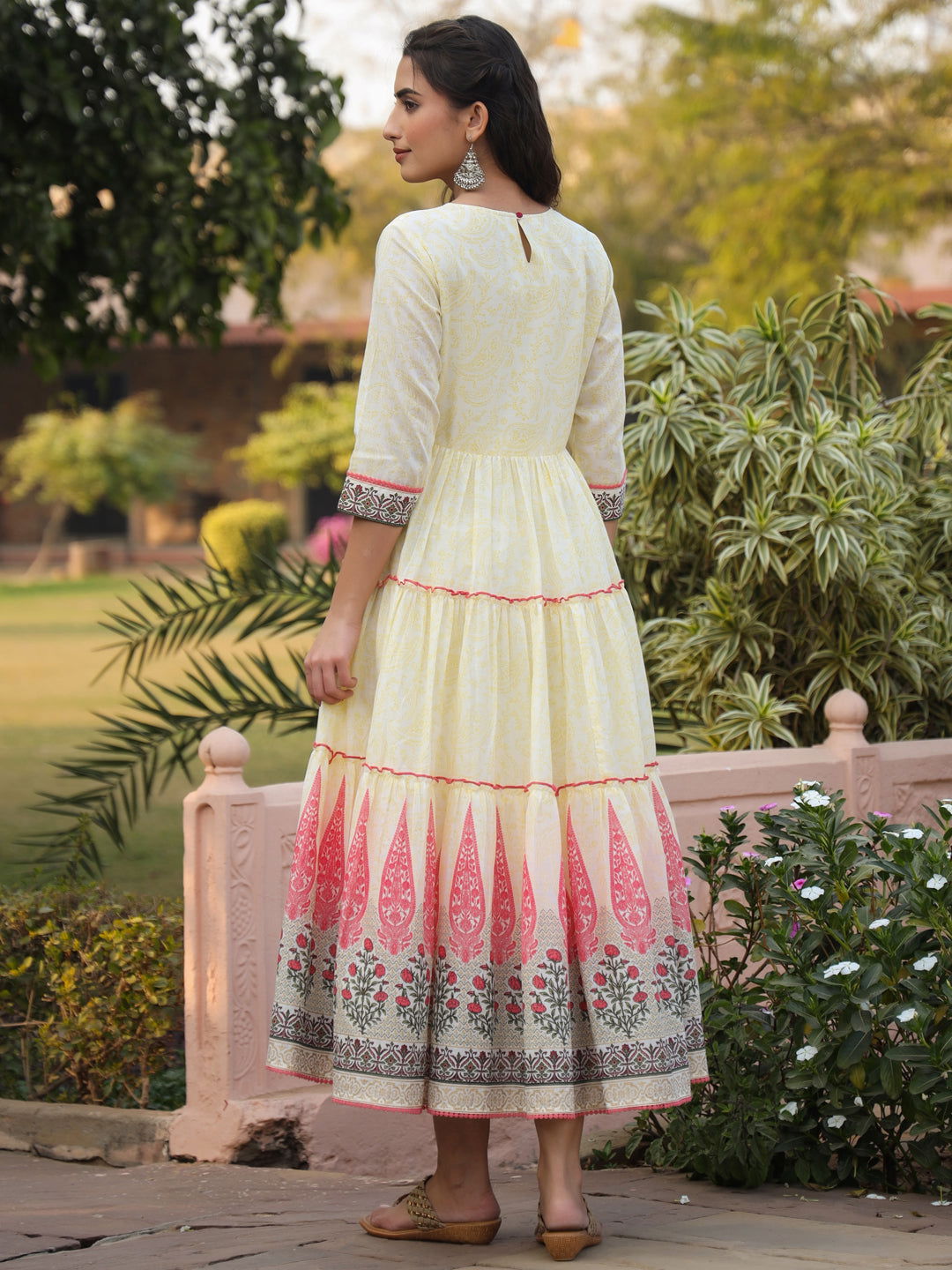 Juniper Yellow Ethnic Motif Printed Cotton Voile Maxi Dress With Thread Embroidery