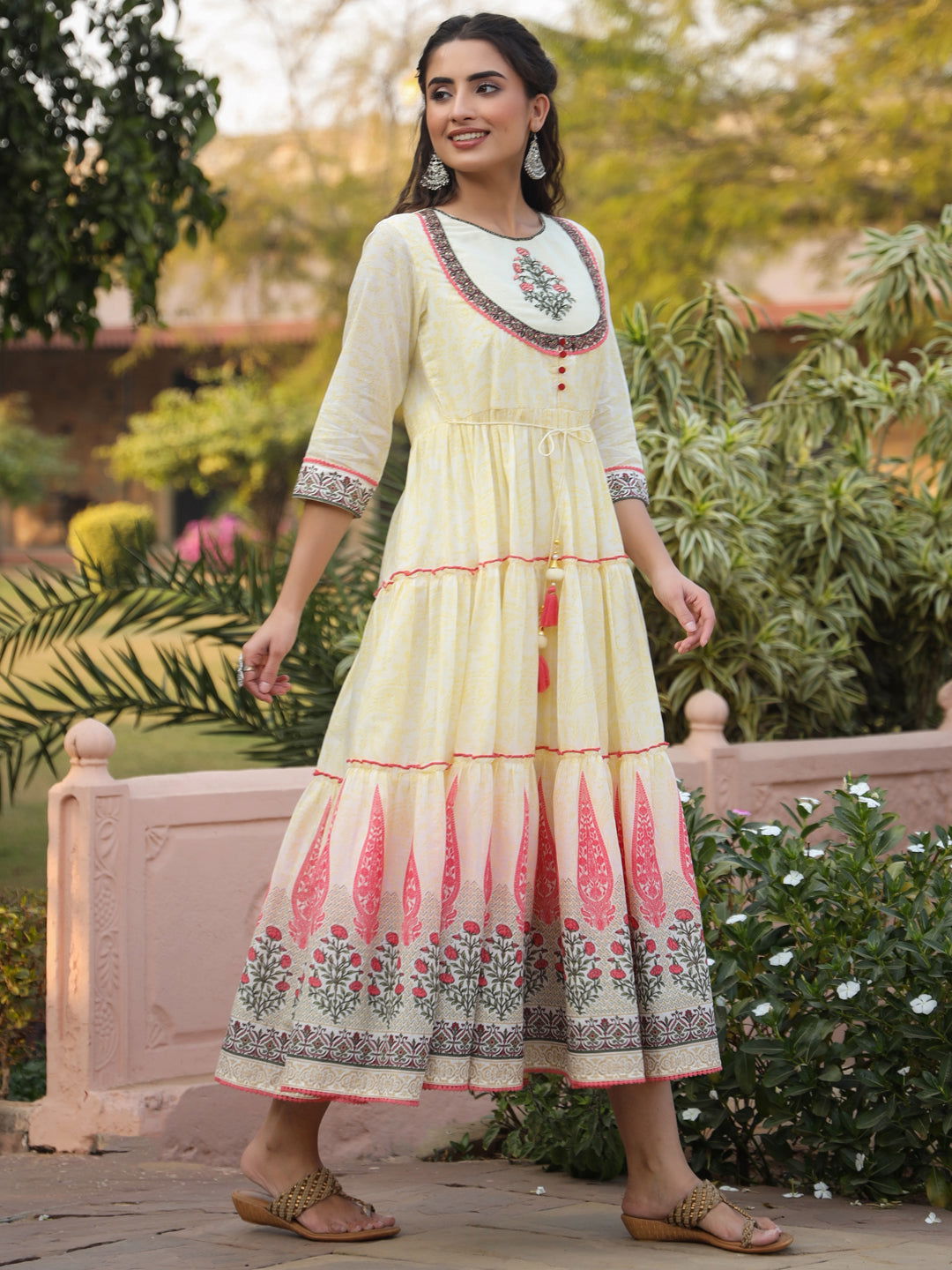 Juniper Yellow Ethnic Motif Printed Cotton Voile Maxi Dress With Thread Embroidery