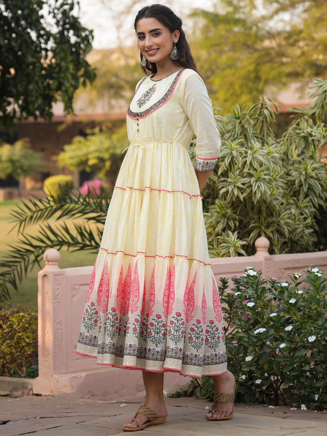 Juniper Yellow Ethnic Motif Printed Cotton Voile Maxi Dress With Thread Embroidery