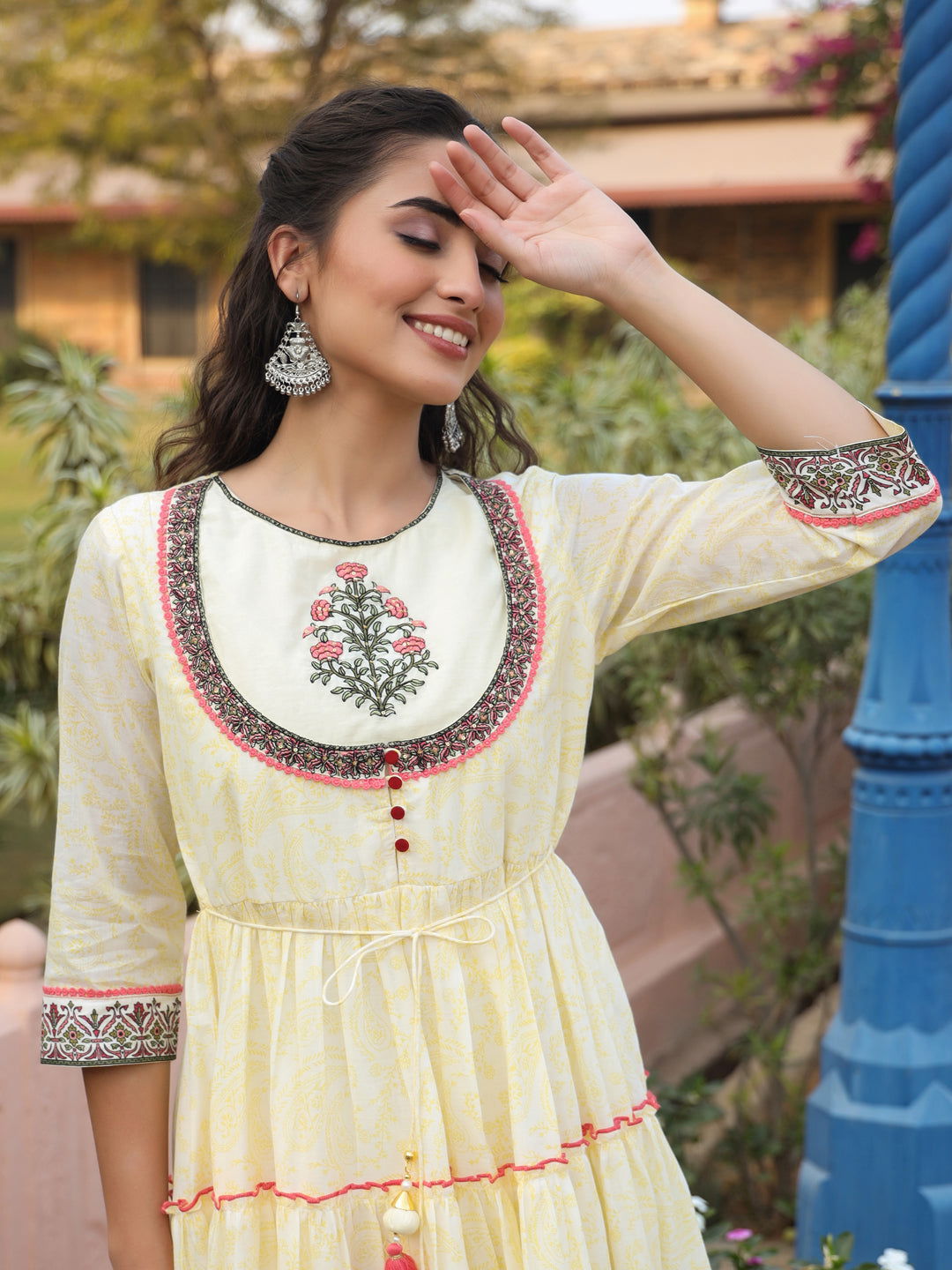 Juniper Yellow Ethnic Motif Printed Cotton Voile Maxi Dress With Thread Embroidery