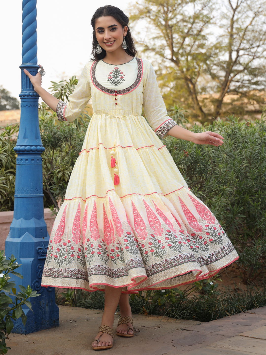 Juniper Yellow Ethnic Motif Printed Cotton Voile Maxi Dress With Thread Embroidery
