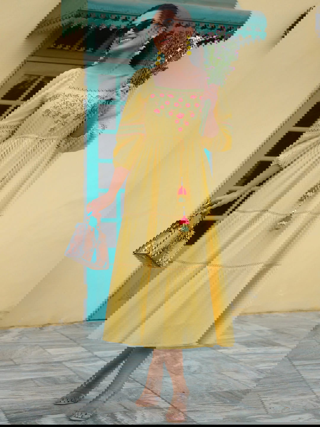 Juniper Yellow Floral Printed Cotton Dobby Flared Dress With Thread Embroidery