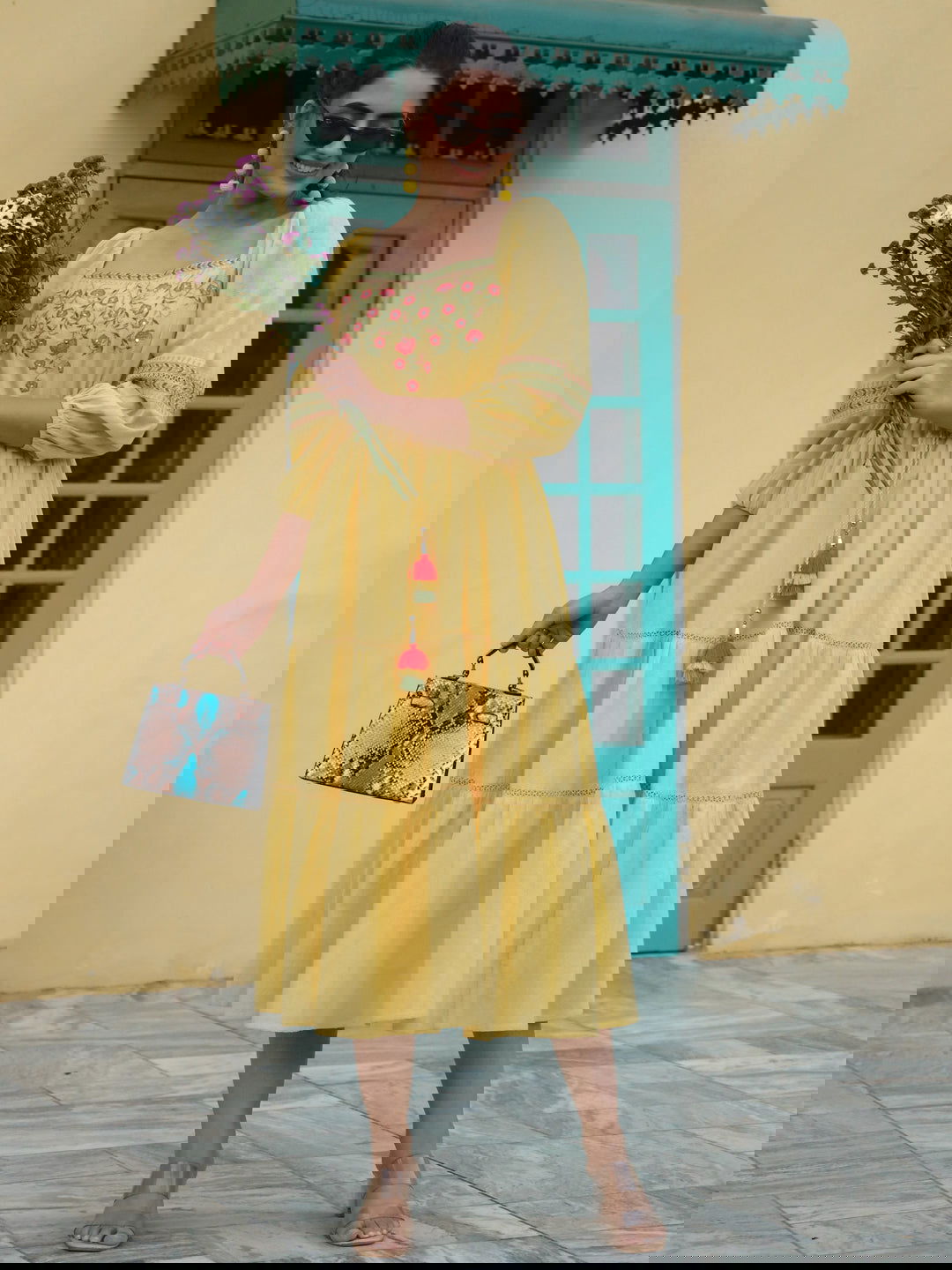 Juniper Yellow Floral Printed Cotton Dobby Flared Dress With Thread Embroidery