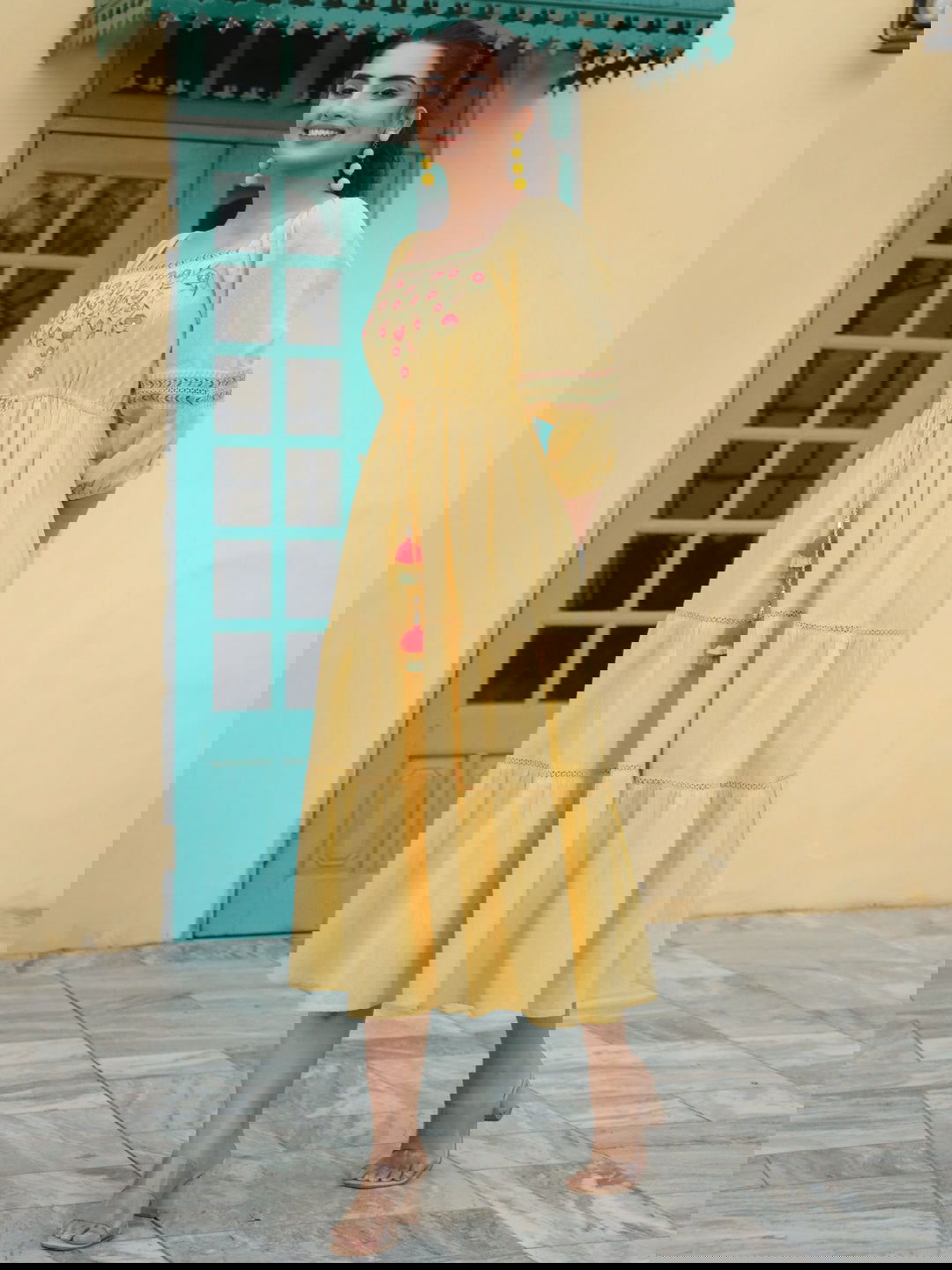 Juniper Yellow Floral Printed Cotton Dobby Flared Dress With Thread Embroidery