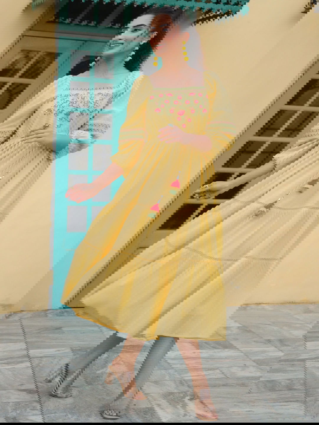 Juniper Yellow Floral Printed Cotton Dobby Flared Dress With Thread Embroidery