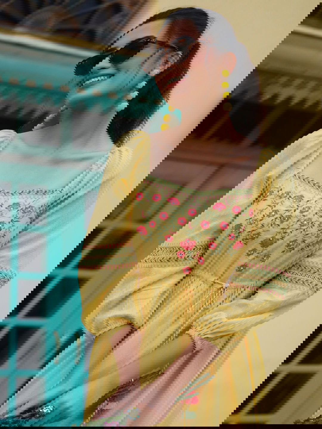 Juniper Yellow Floral Printed Cotton Dobby Flared Dress With Thread Embroidery