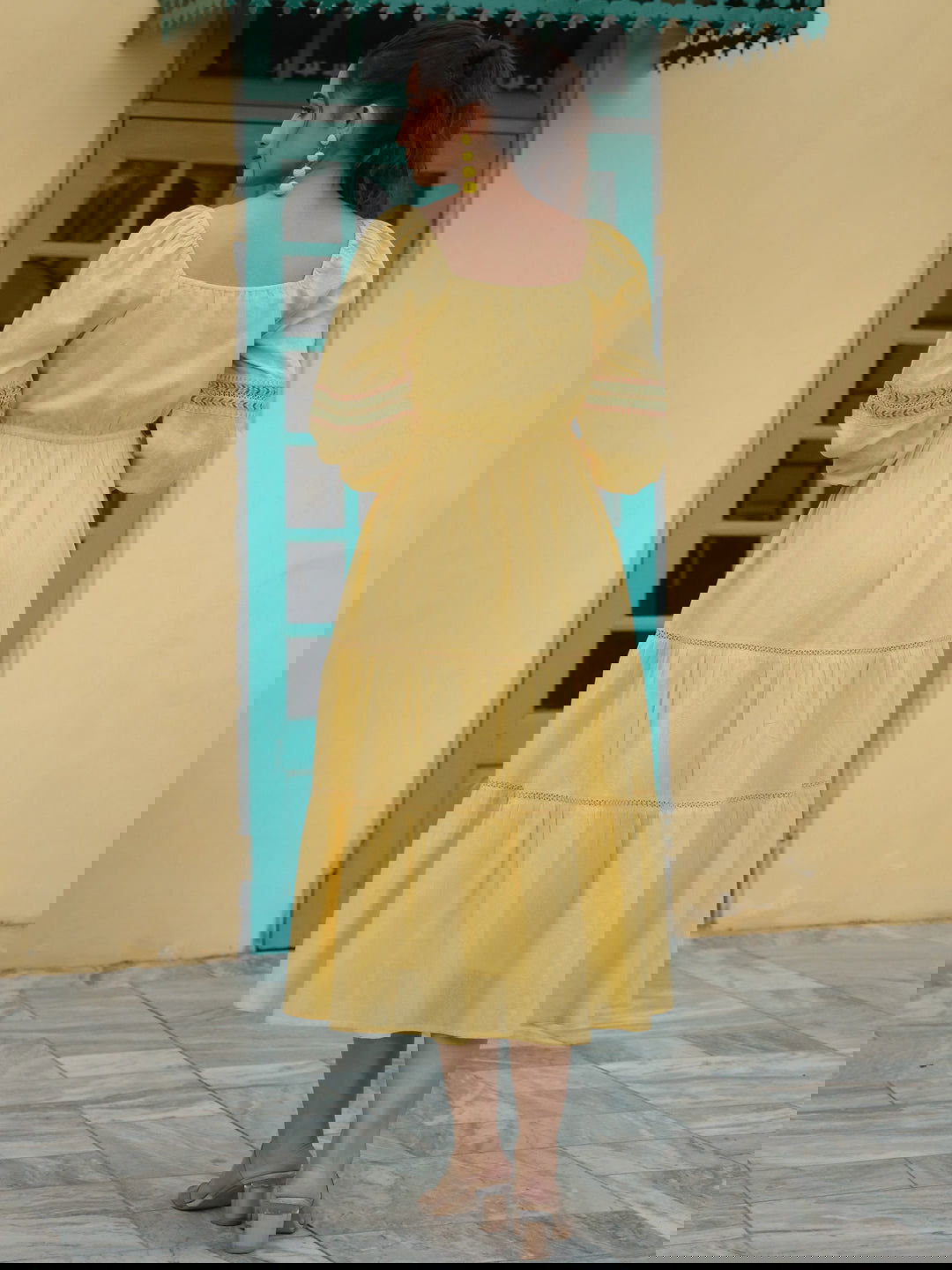 Juniper Yellow Floral Printed Cotton Dobby Flared Dress With Thread Embroidery