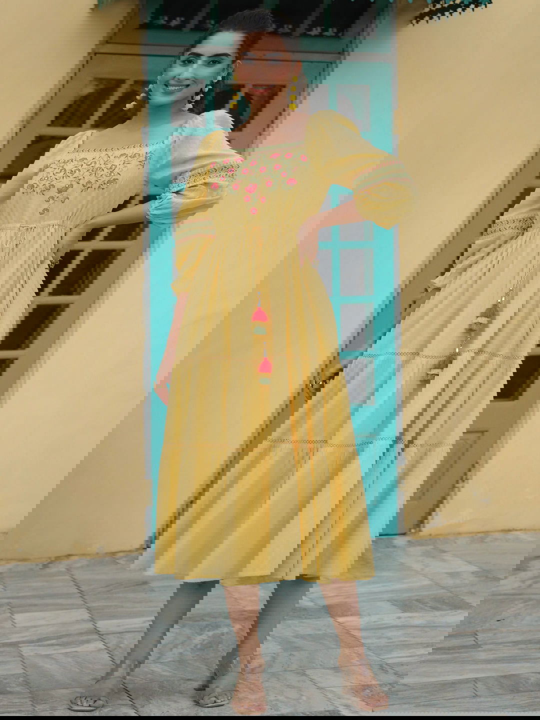 Juniper Yellow Floral Printed Cotton Dobby Flared Dress With Thread Embroidery