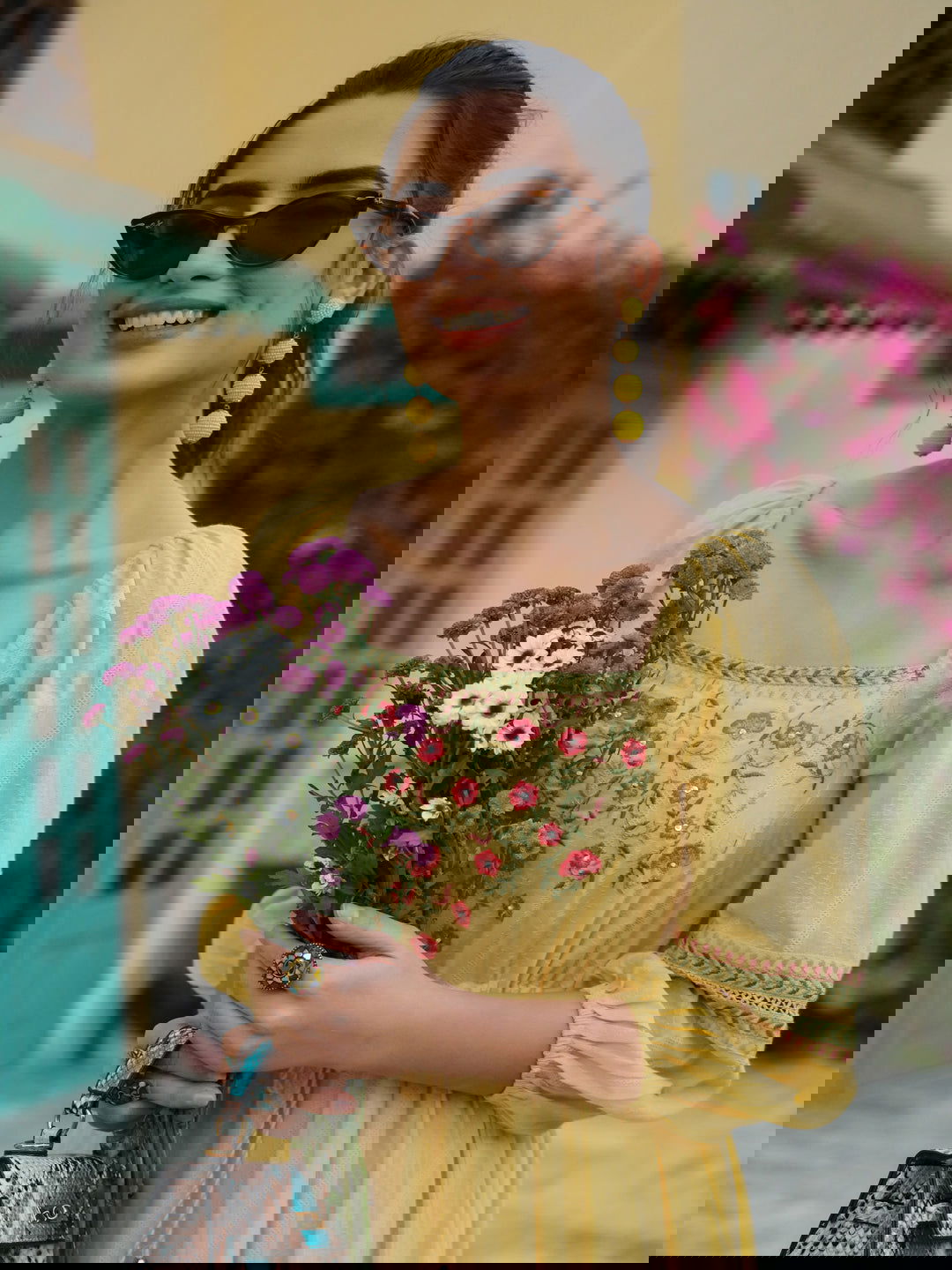 Juniper Yellow Floral Printed Cotton Dobby Flared Dress With Thread Embroidery