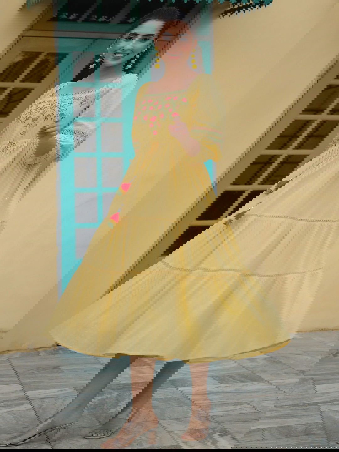 Juniper Yellow Floral Printed Cotton Dobby Flared Dress With Thread Embroidery