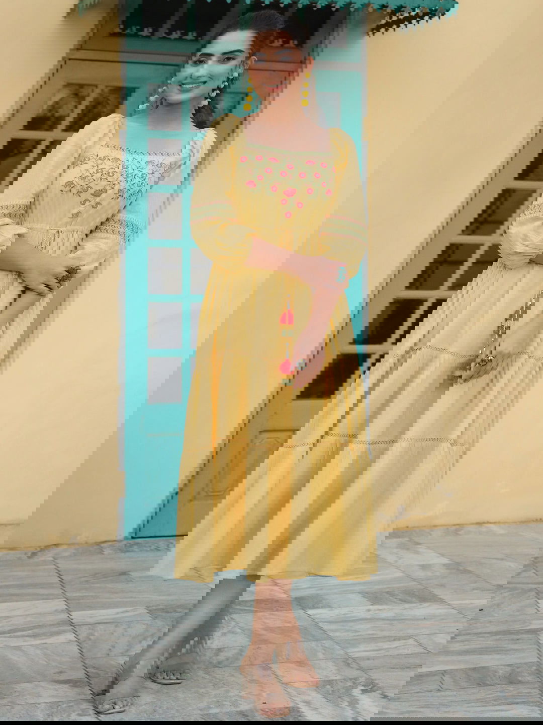 Juniper Yellow Floral Printed Cotton Dobby Flared Dress With Thread Embroidery