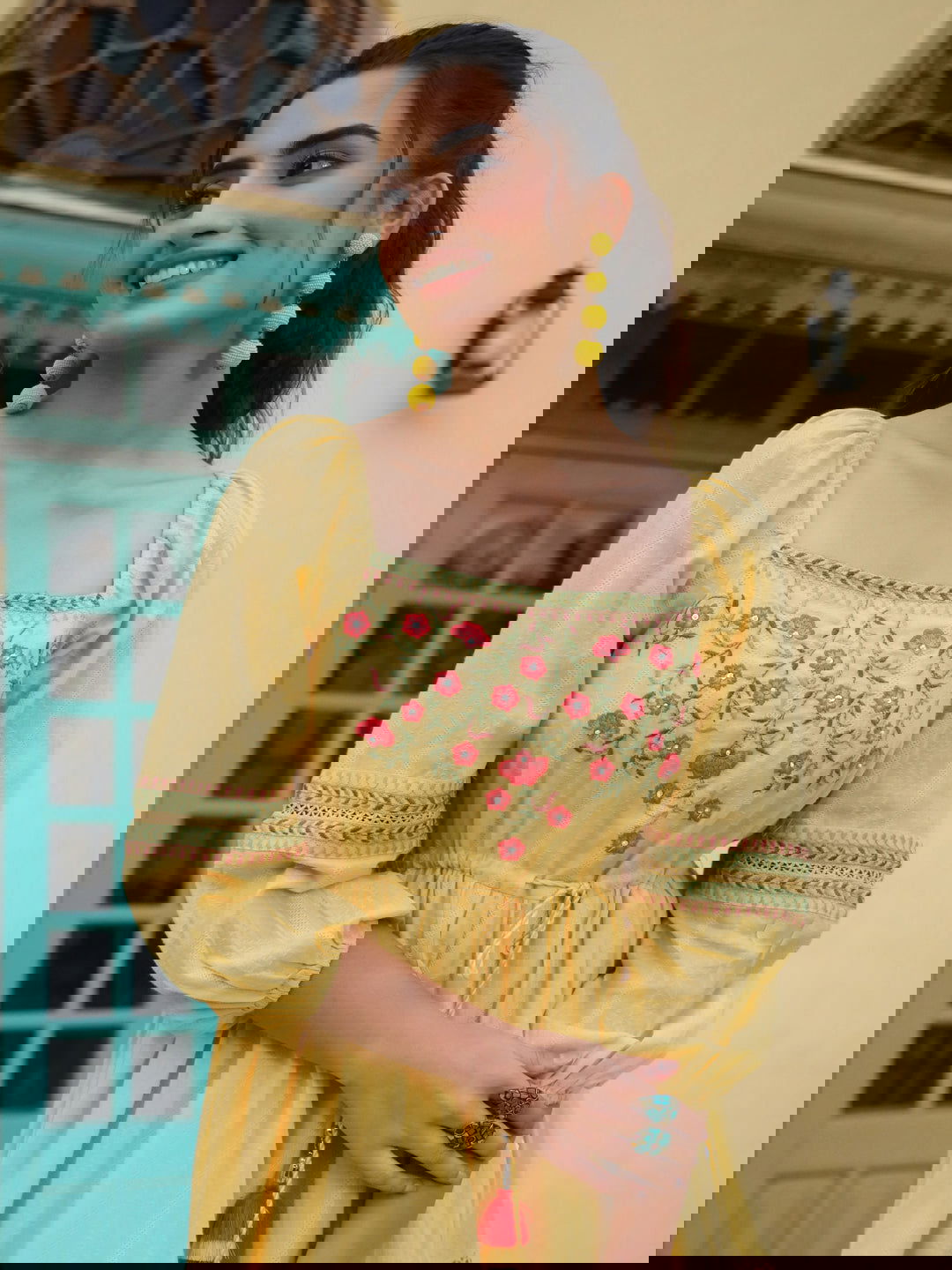 Juniper Yellow Floral Printed Cotton Dobby Flared Dress With Thread Embroidery