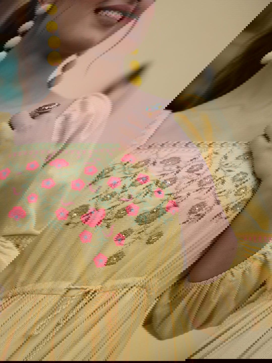 Juniper Yellow Floral Printed Cotton Dobby Flared Dress With Thread Embroidery