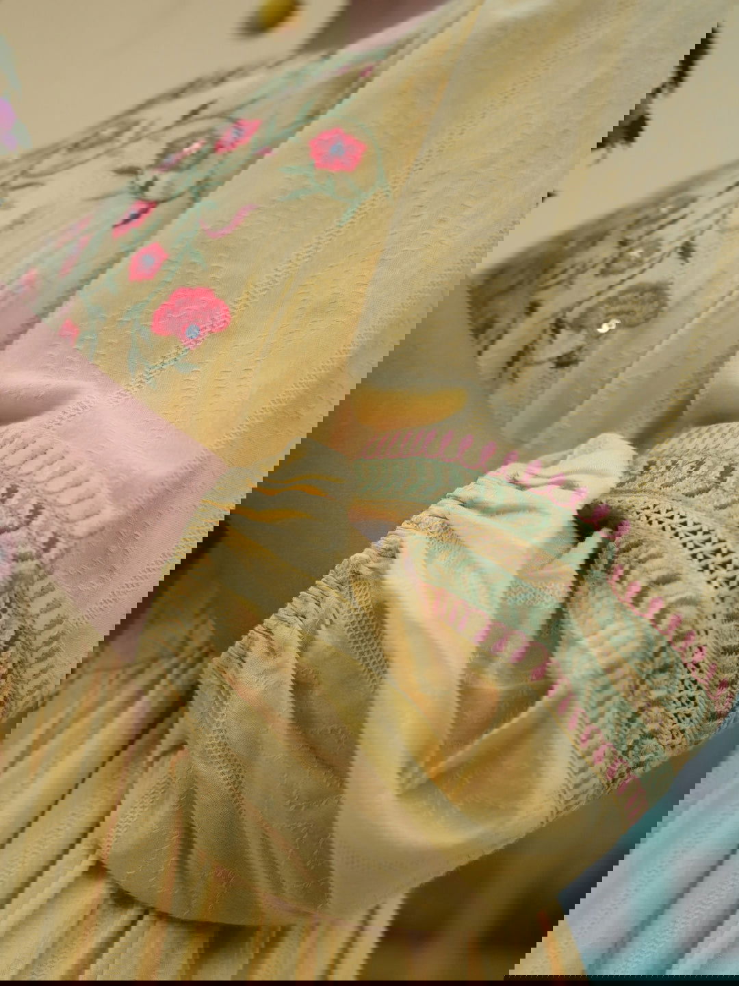 Juniper Yellow Floral Printed Cotton Dobby Flared Dress With Thread Embroidery