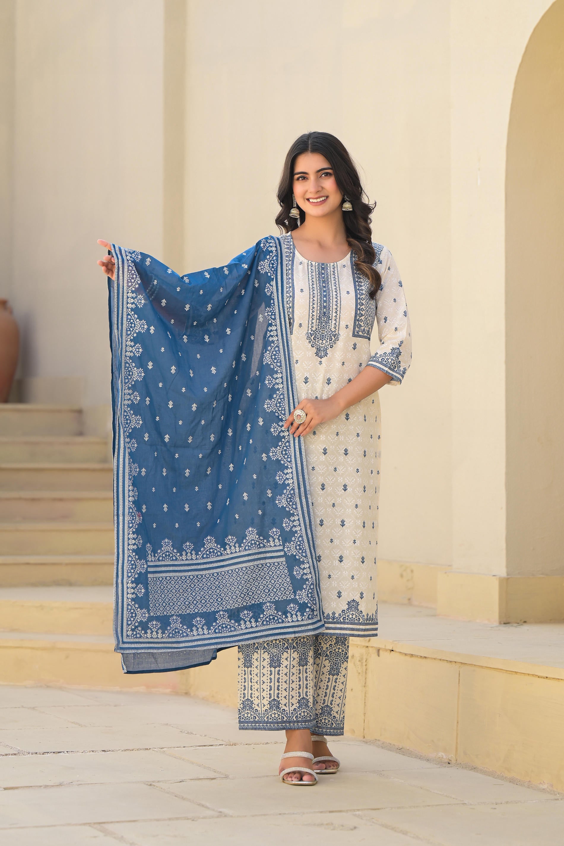 Ivory & Indigo Serenity Block Print Cotton Suit Set