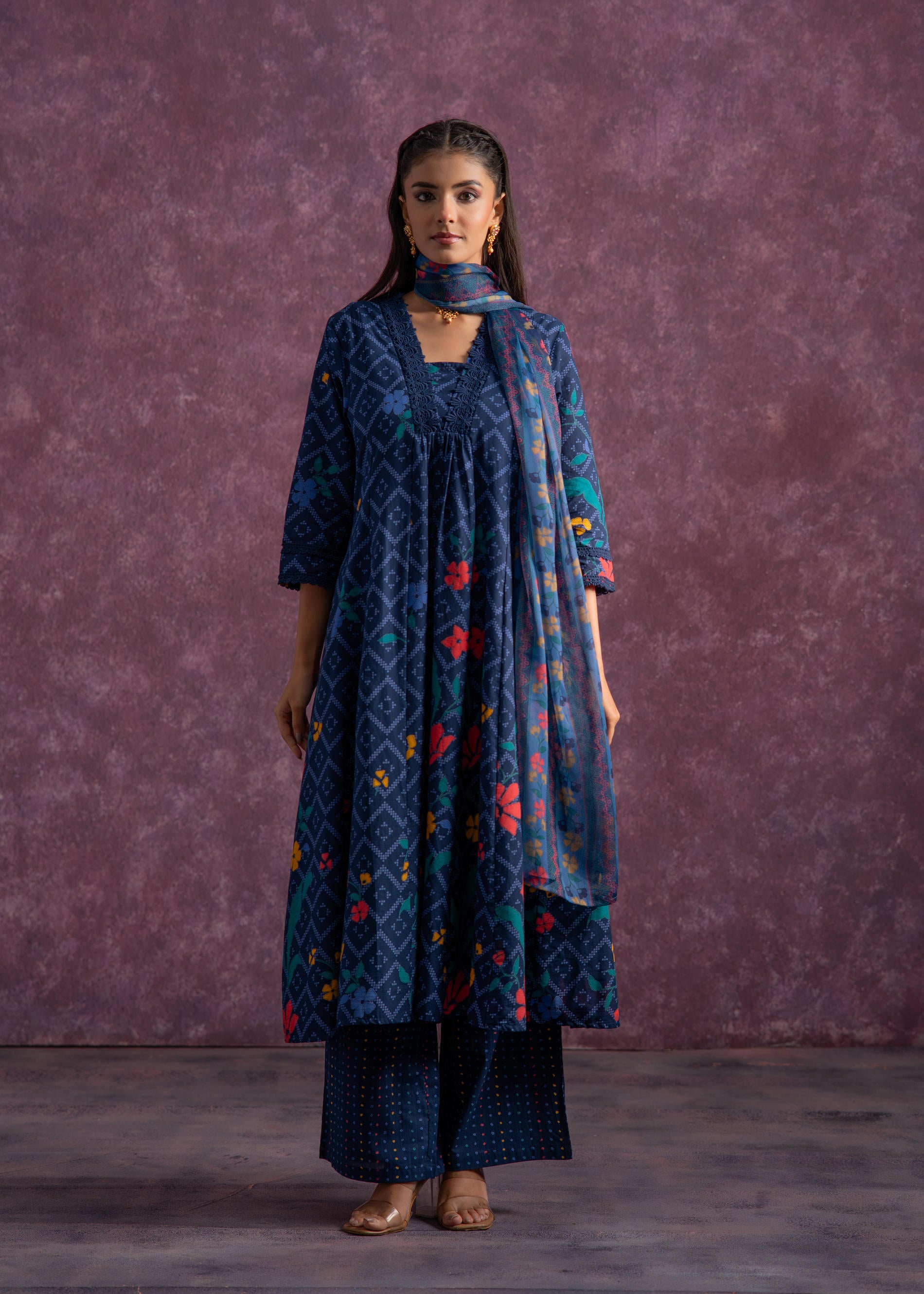 Indigo Floral Printed Cotton Kurta Set with Chiffon Dupatta
