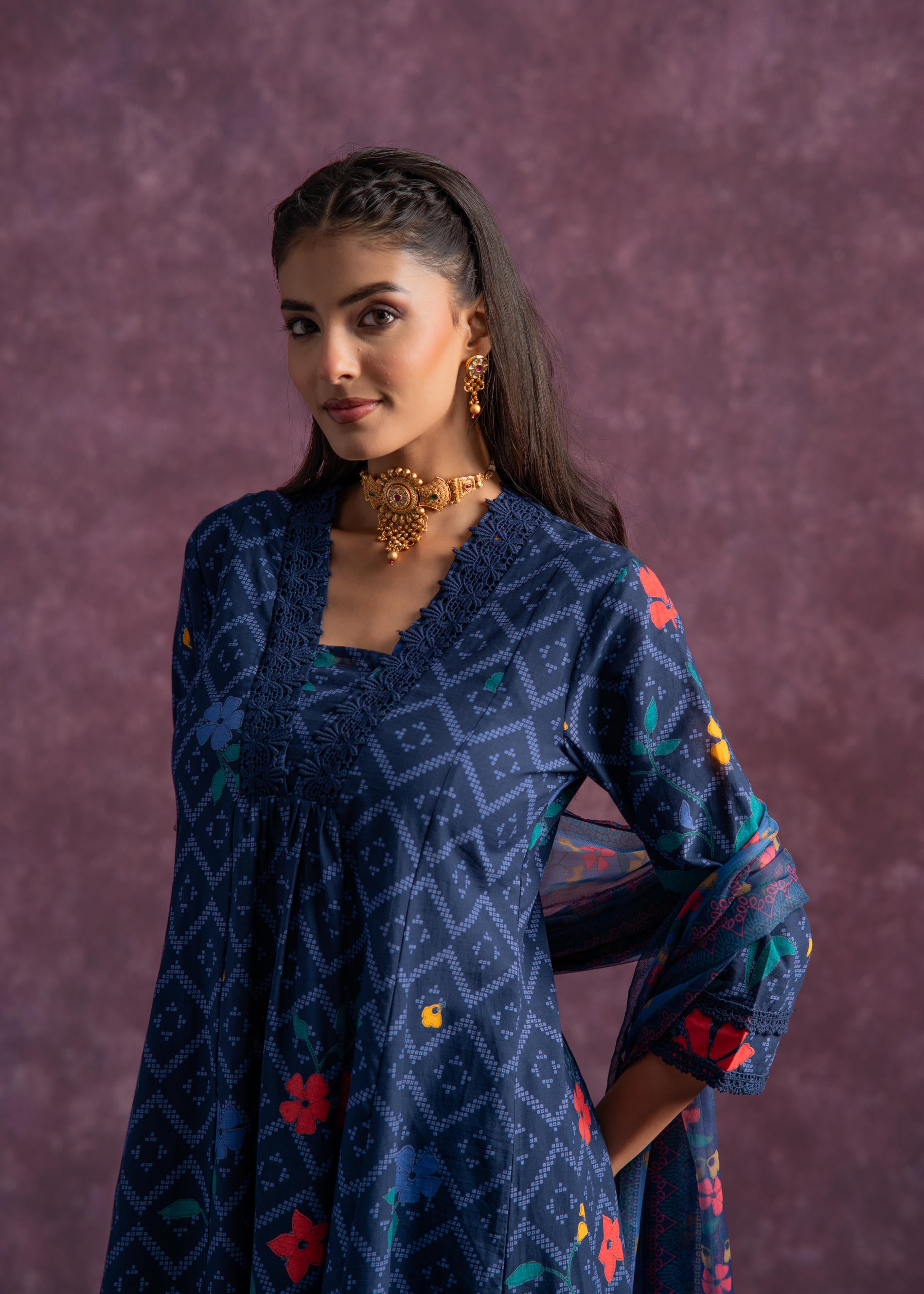 Indigo Floral Printed Cotton Kurta Set with Chiffon Dupatta