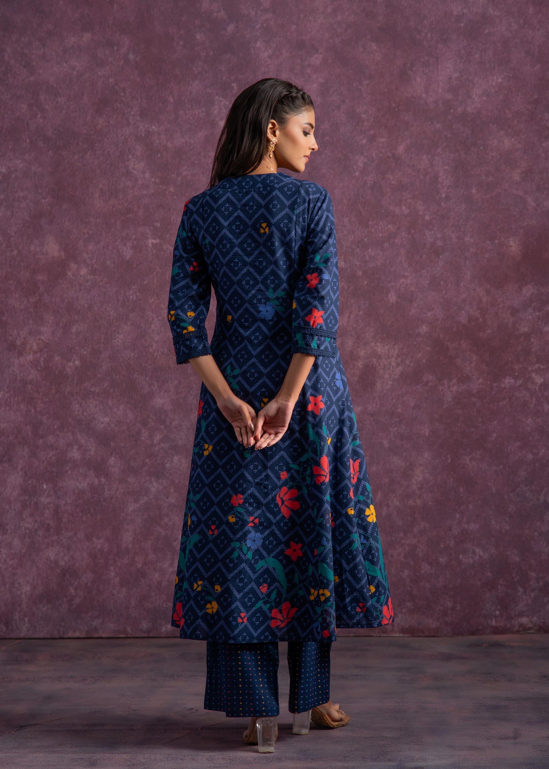 Indigo Floral Printed Cotton Kurta Set with Chiffon Dupatta
