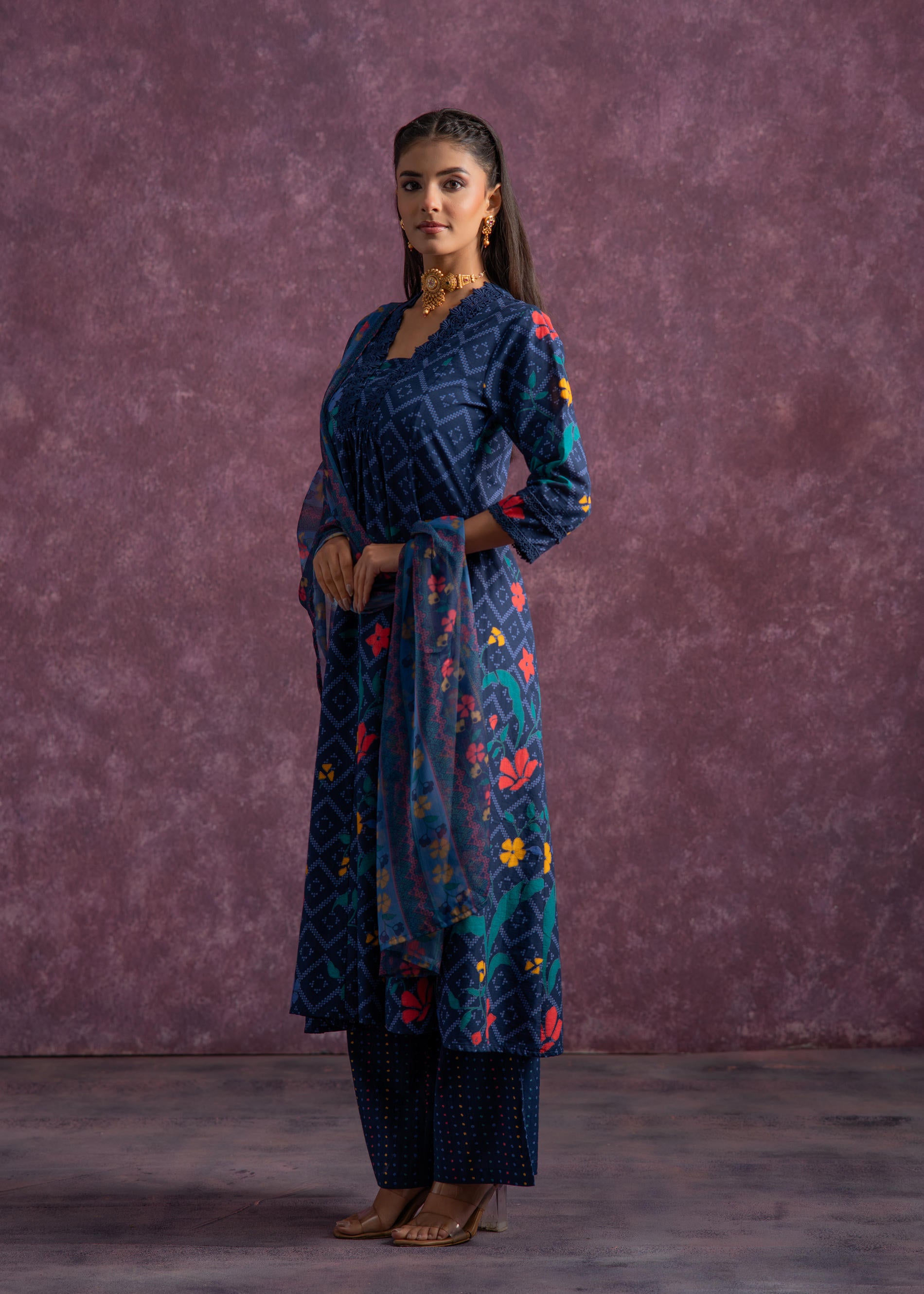 Indigo Floral Printed Cotton Kurta Set with Chiffon Dupatta