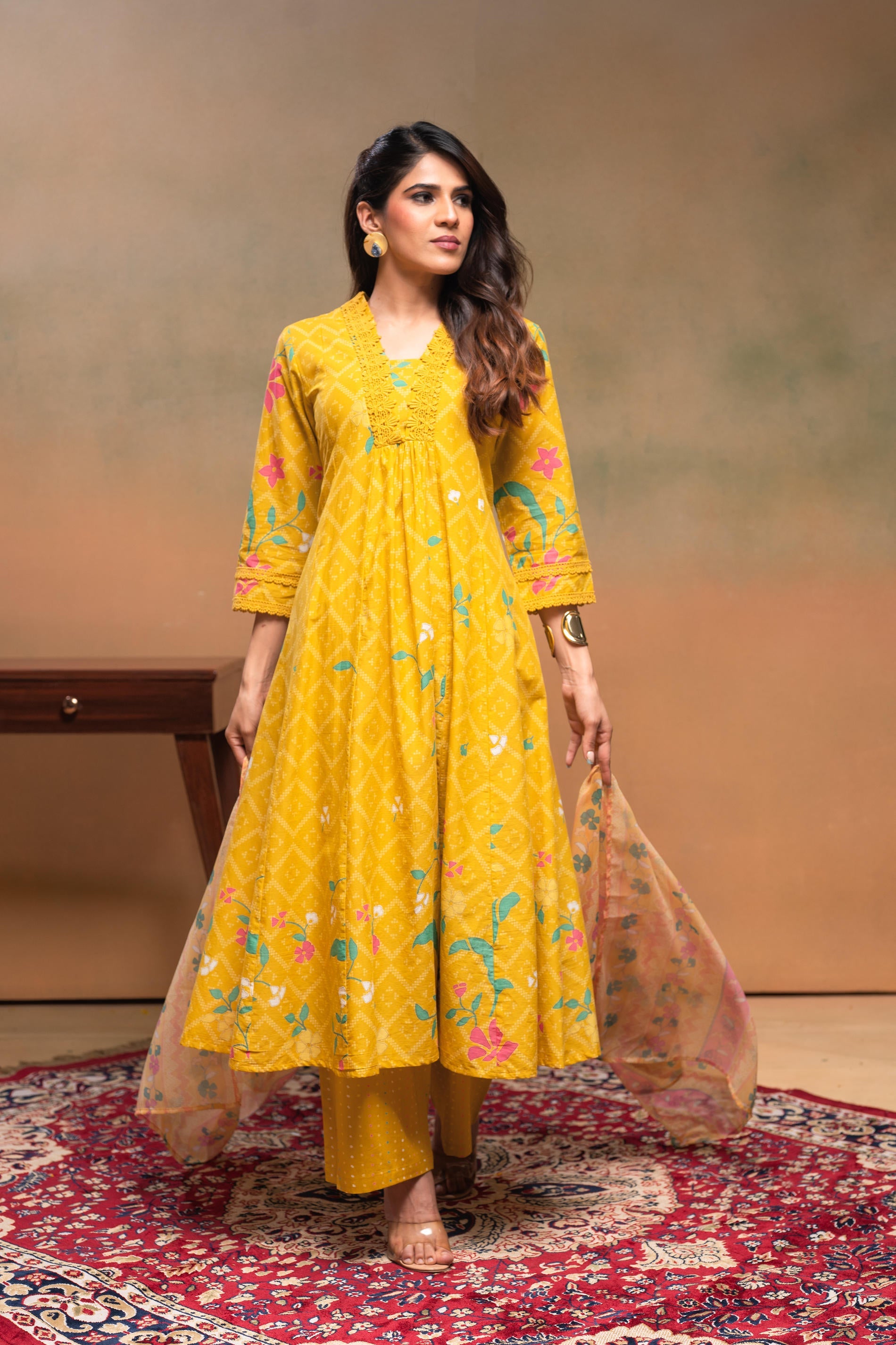 Mustard Floral Printed Cotton Kurta Set with Chiffon Dupatta