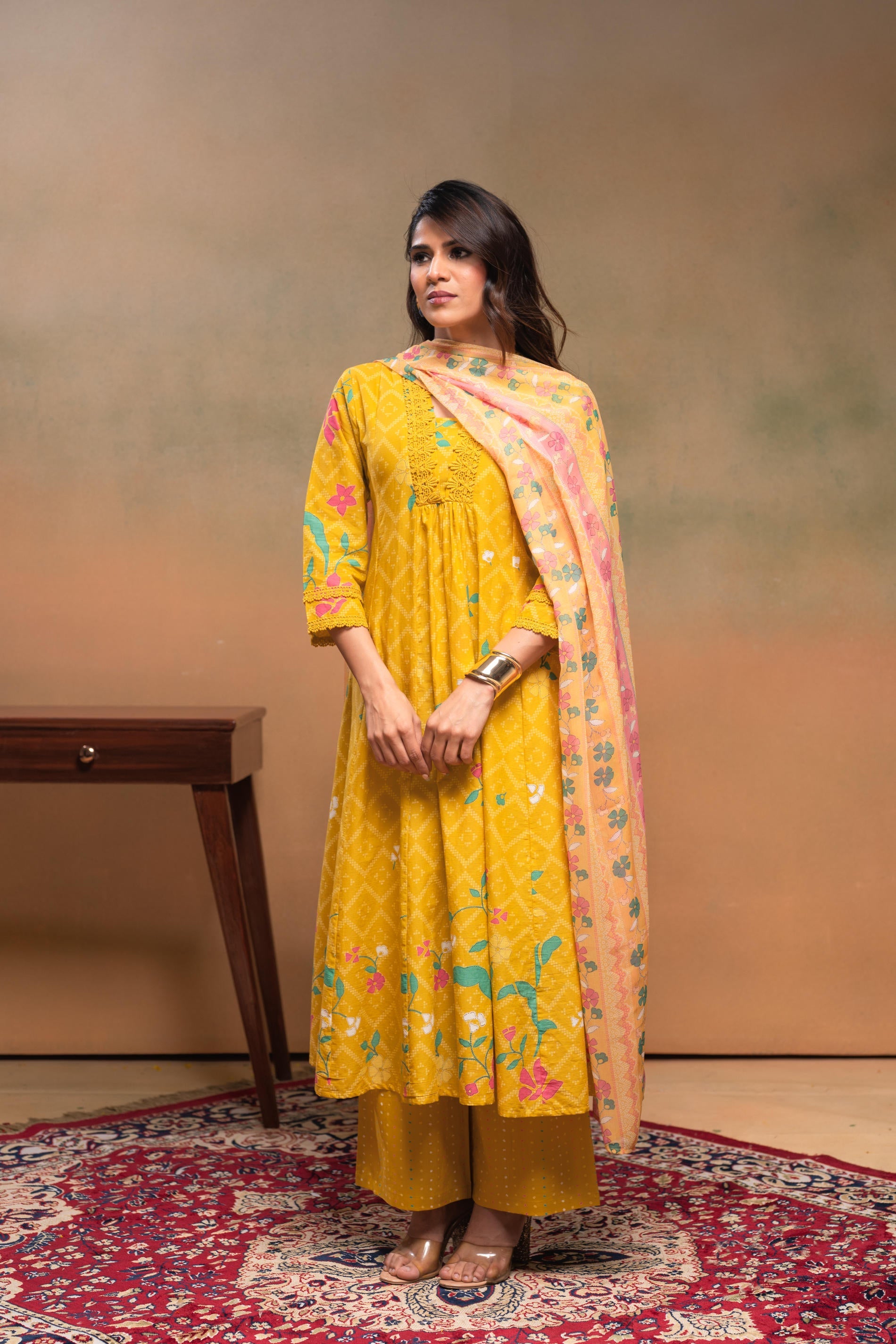 Mustard Floral Printed Cotton Kurta Set with Chiffon Dupatta