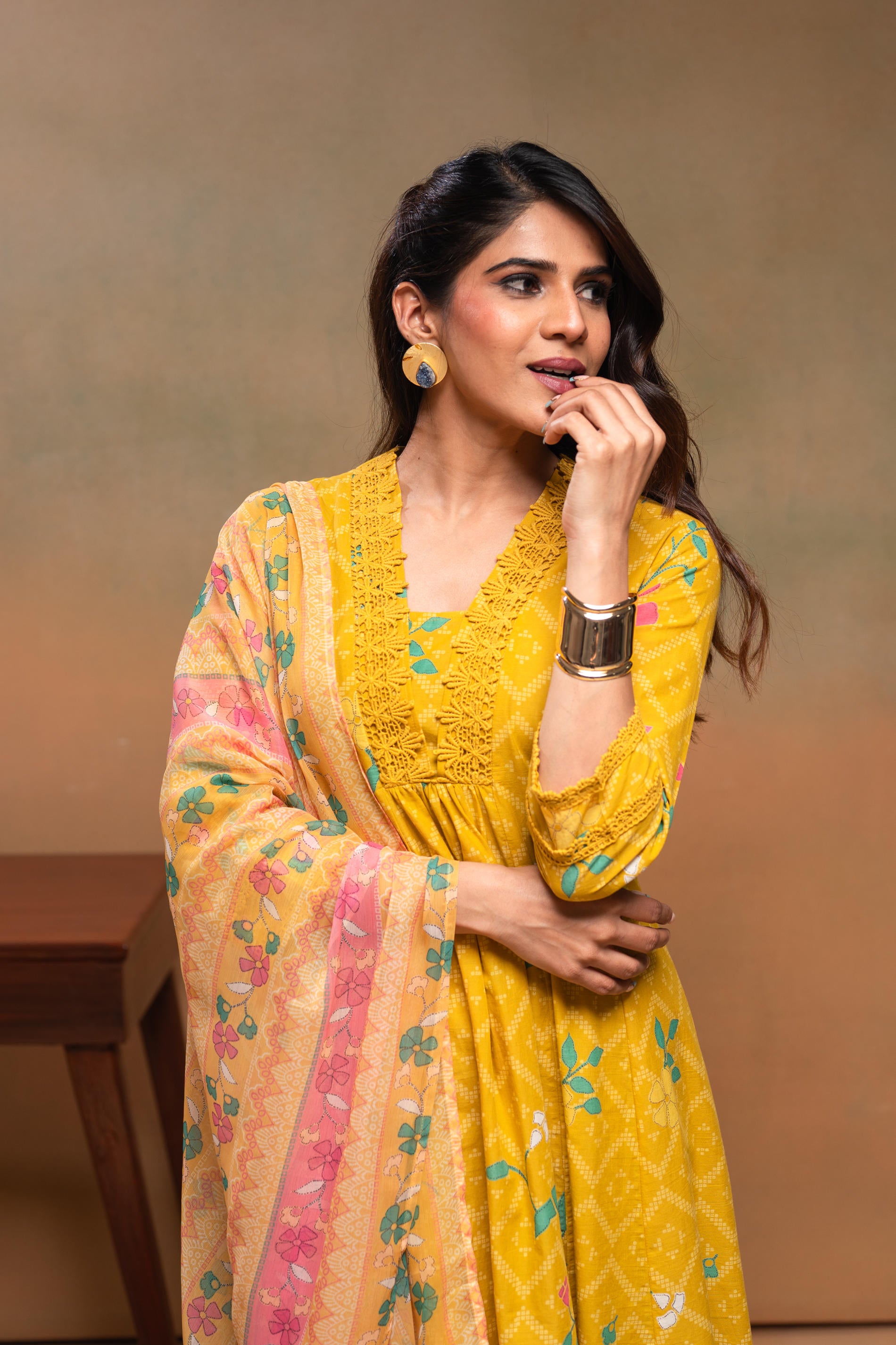 Mustard Floral Printed Cotton Kurta Set with Chiffon Dupatta
