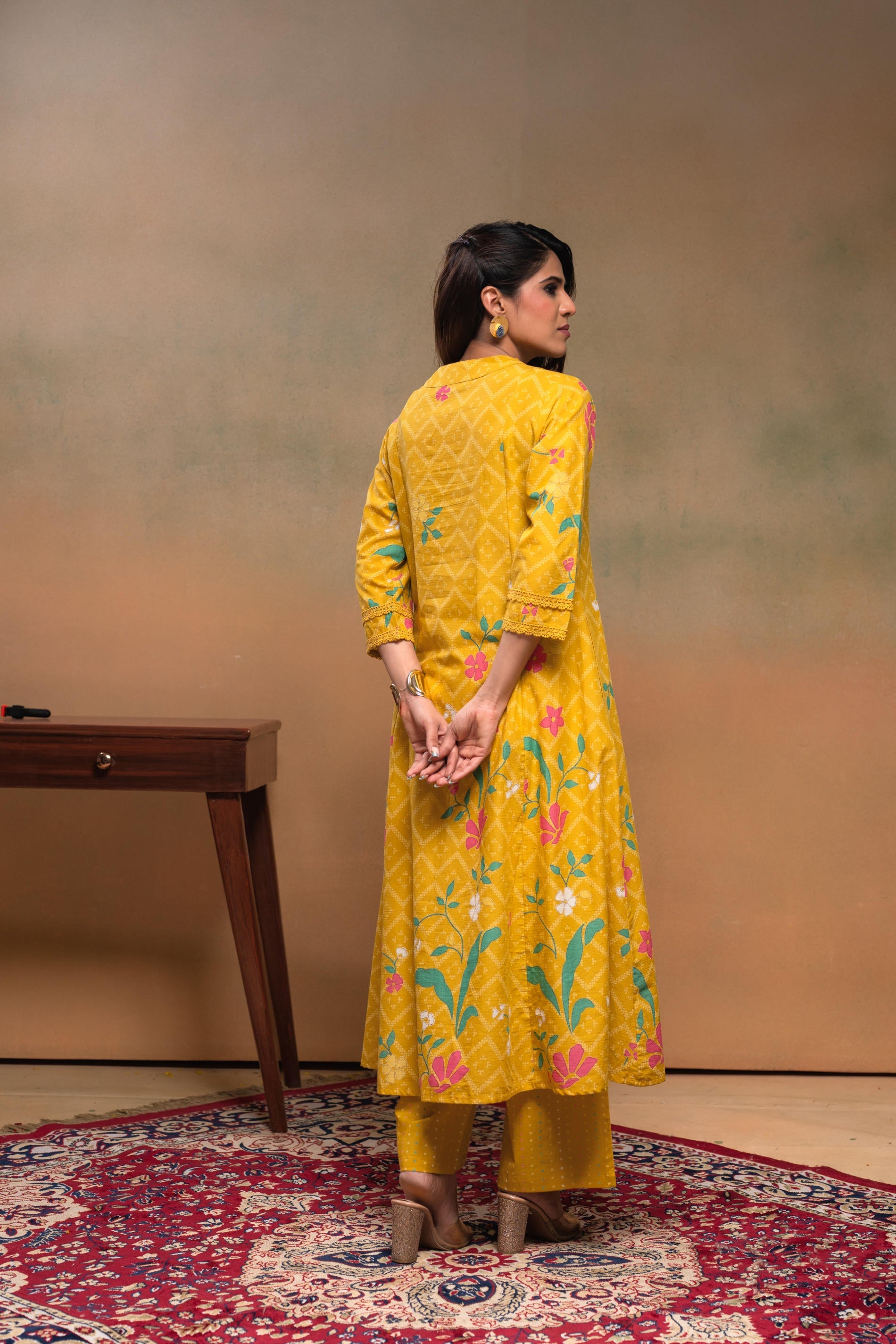 Mustard Floral Printed Cotton Kurta Set with Chiffon Dupatta