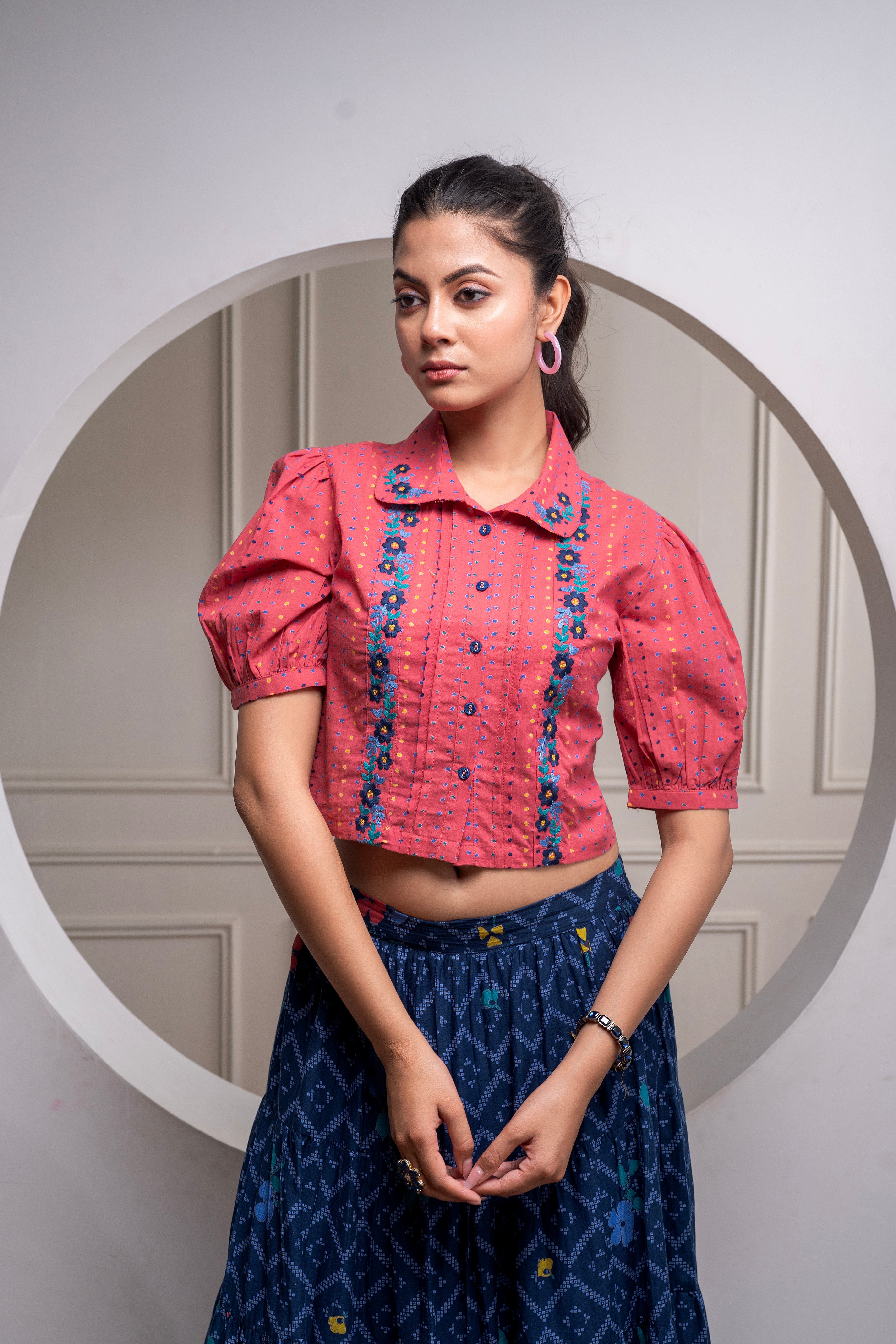 Indigo Cotton Embroidered Top & Printed Skirt Set with Zig Zag Motifs