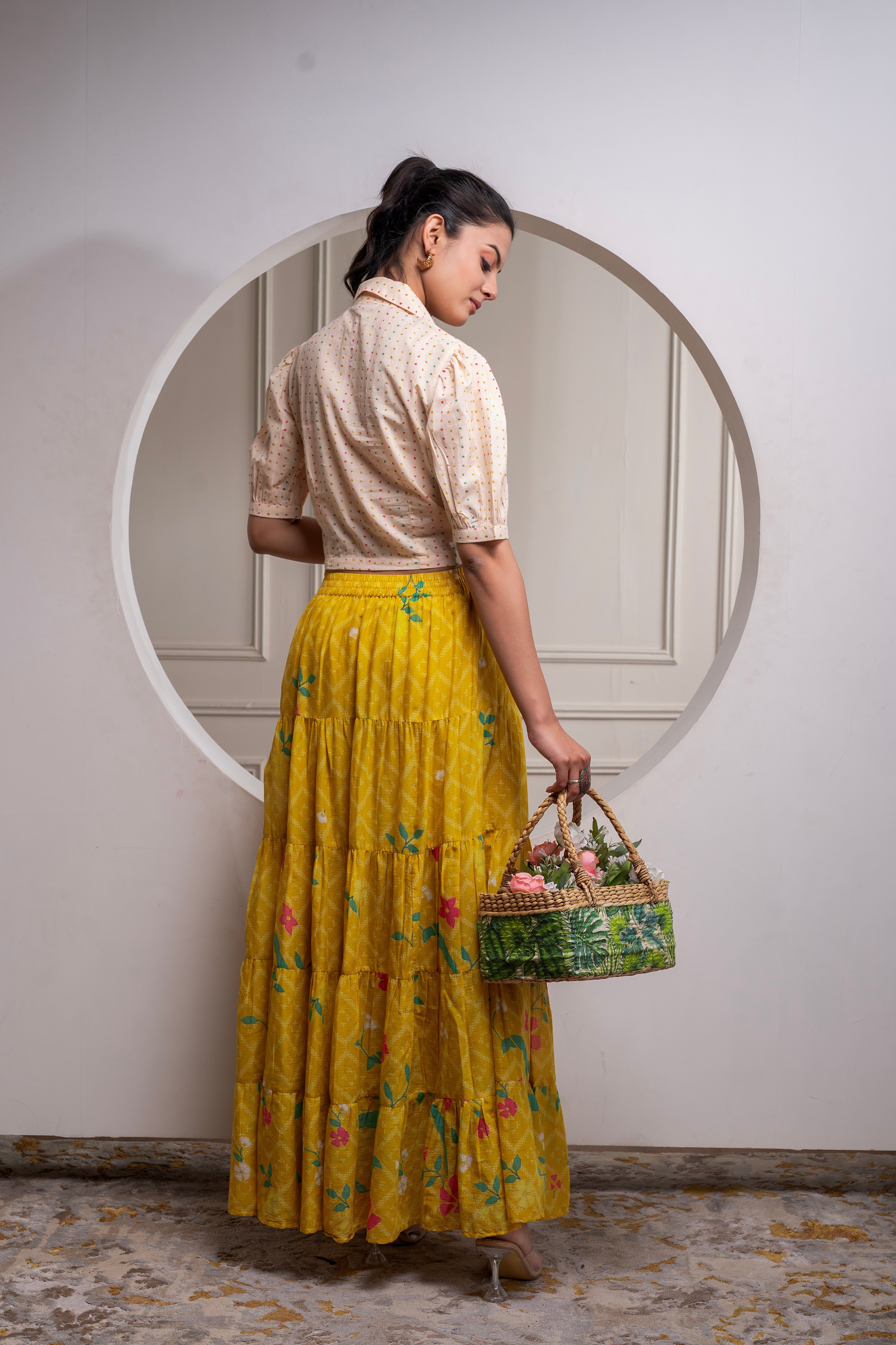 Mustard Cotton Embroidered Top & Printed Skirt Set with Zig Zag Motifs
