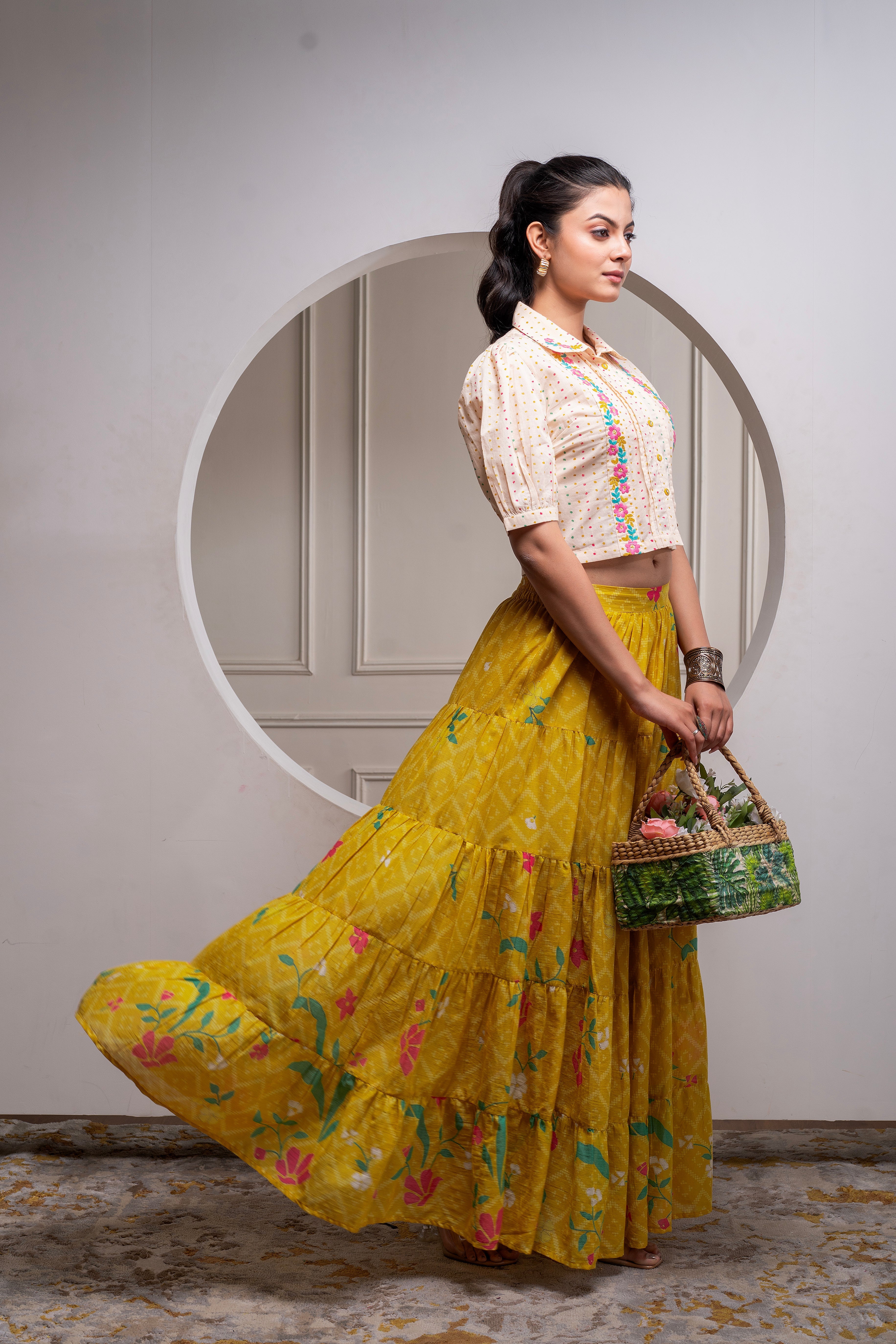 Mustard Cotton Embroidered Top & Printed Skirt Set with Zig Zag Motifs