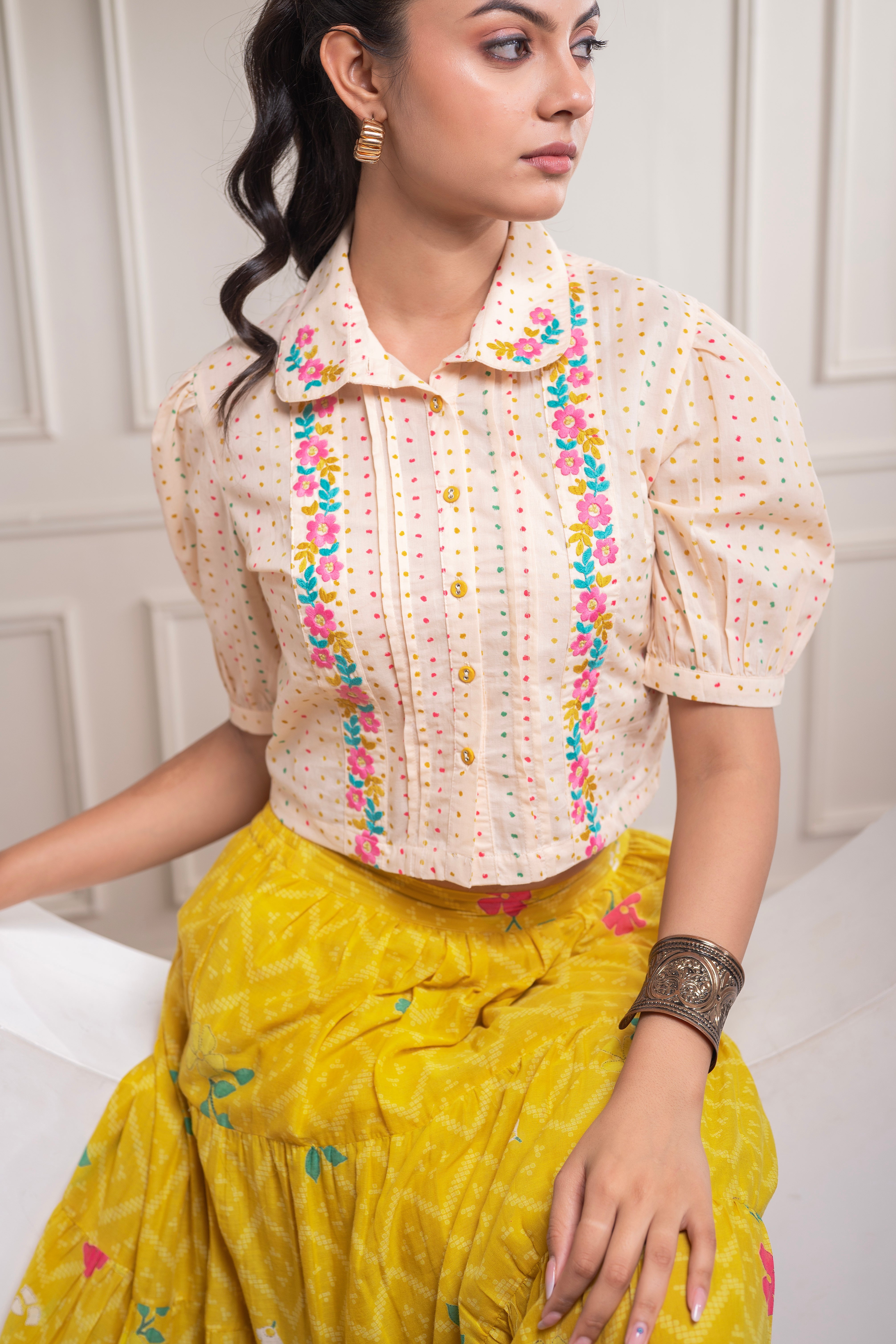 Mustard Cotton Embroidered Top & Printed Skirt Set with Zig Zag Motifs