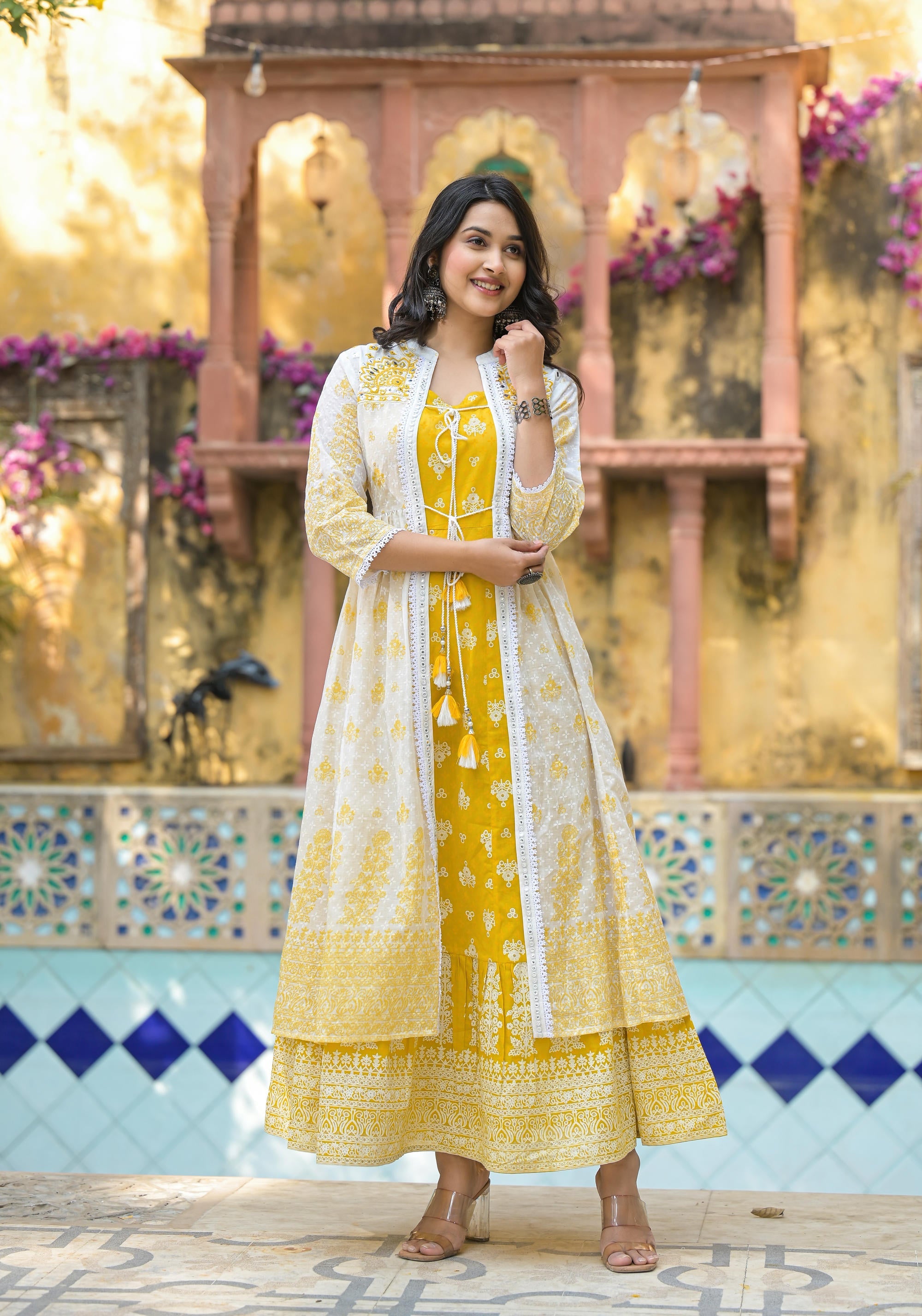 Mustard Ethnic Motif Printed Cotton Kurta Shrug With Doris