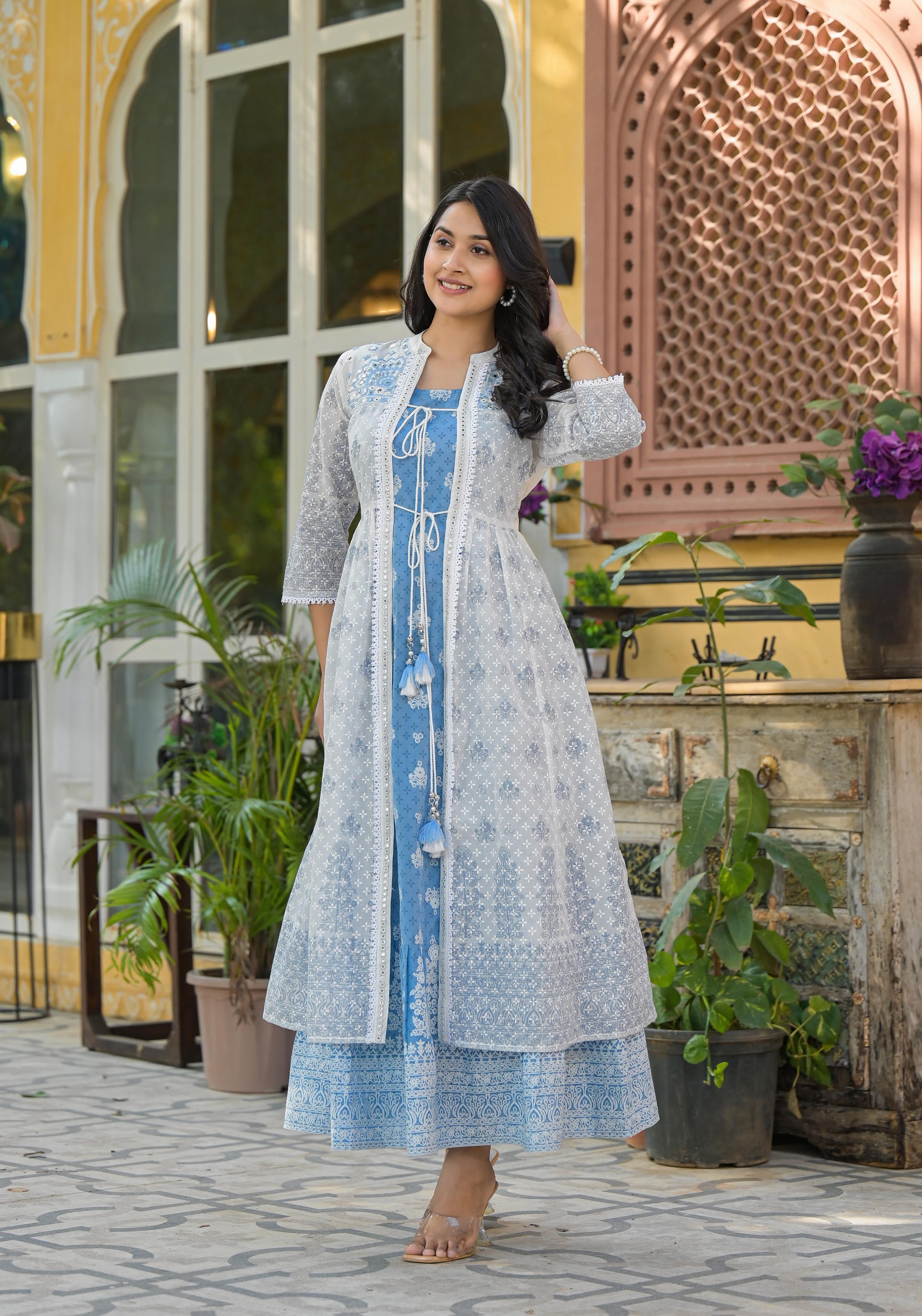 Azure Blossom Layered Cotton Anarkali Dress with Printed Jacket