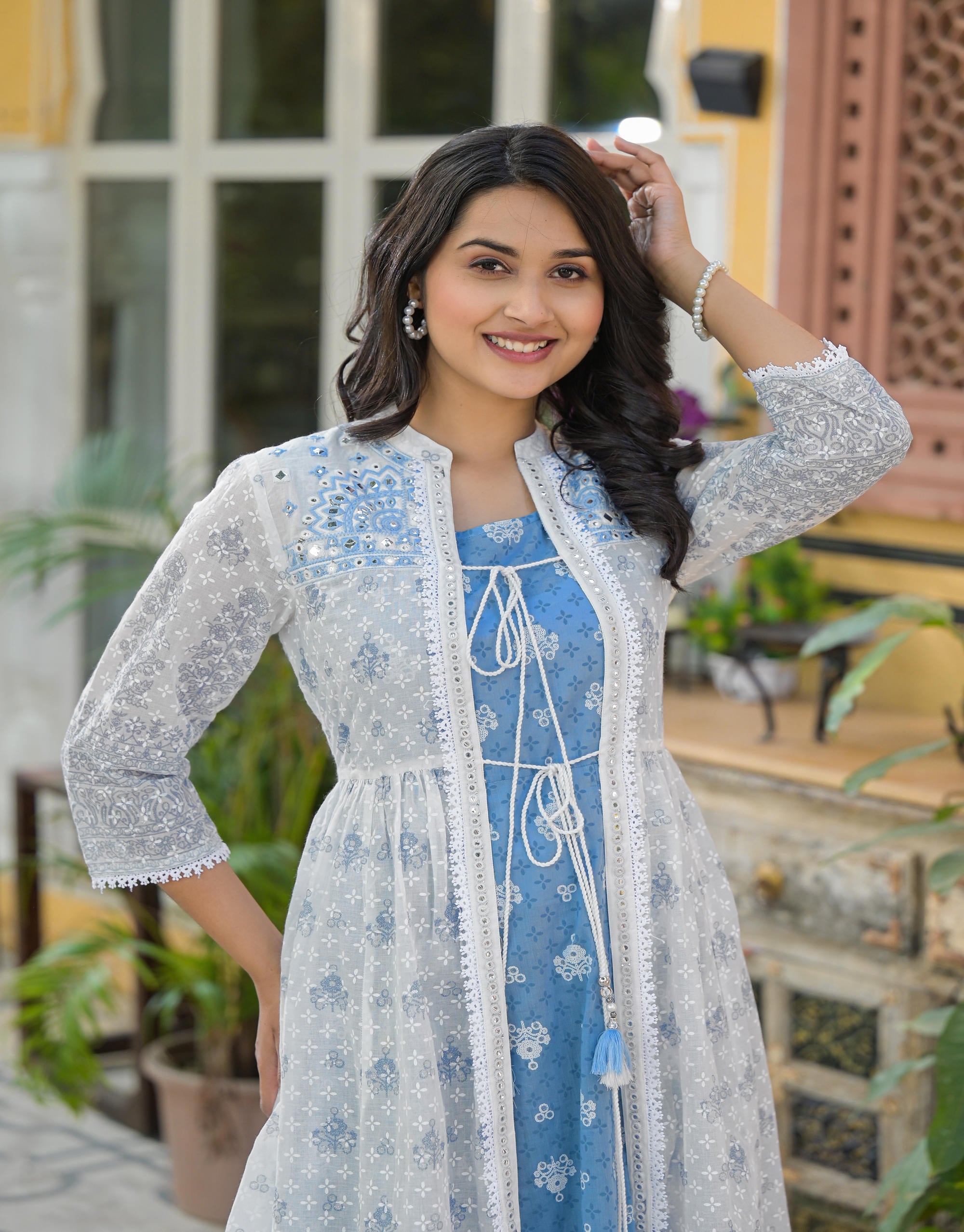 Azure Blossom Layered Cotton Anarkali Dress with Printed Jacket
