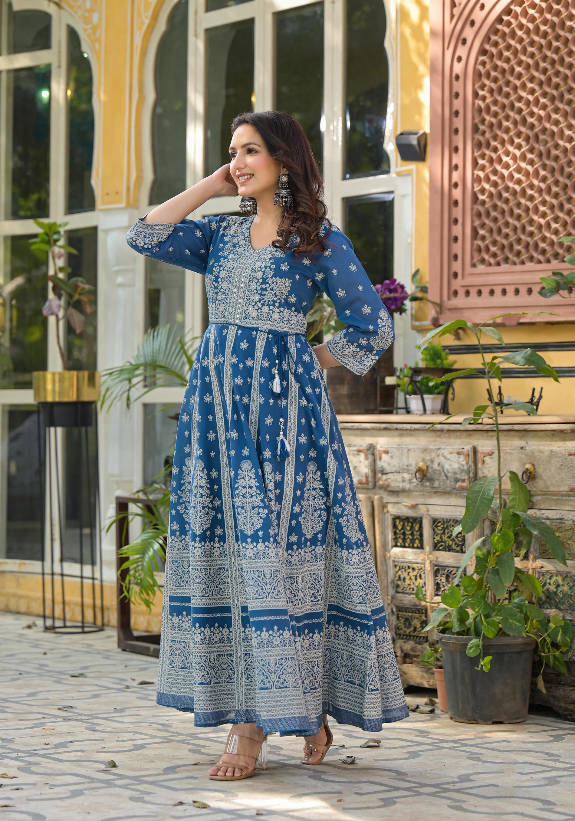 Indigo Ethnic Motif Printed Cotton Long Dress
