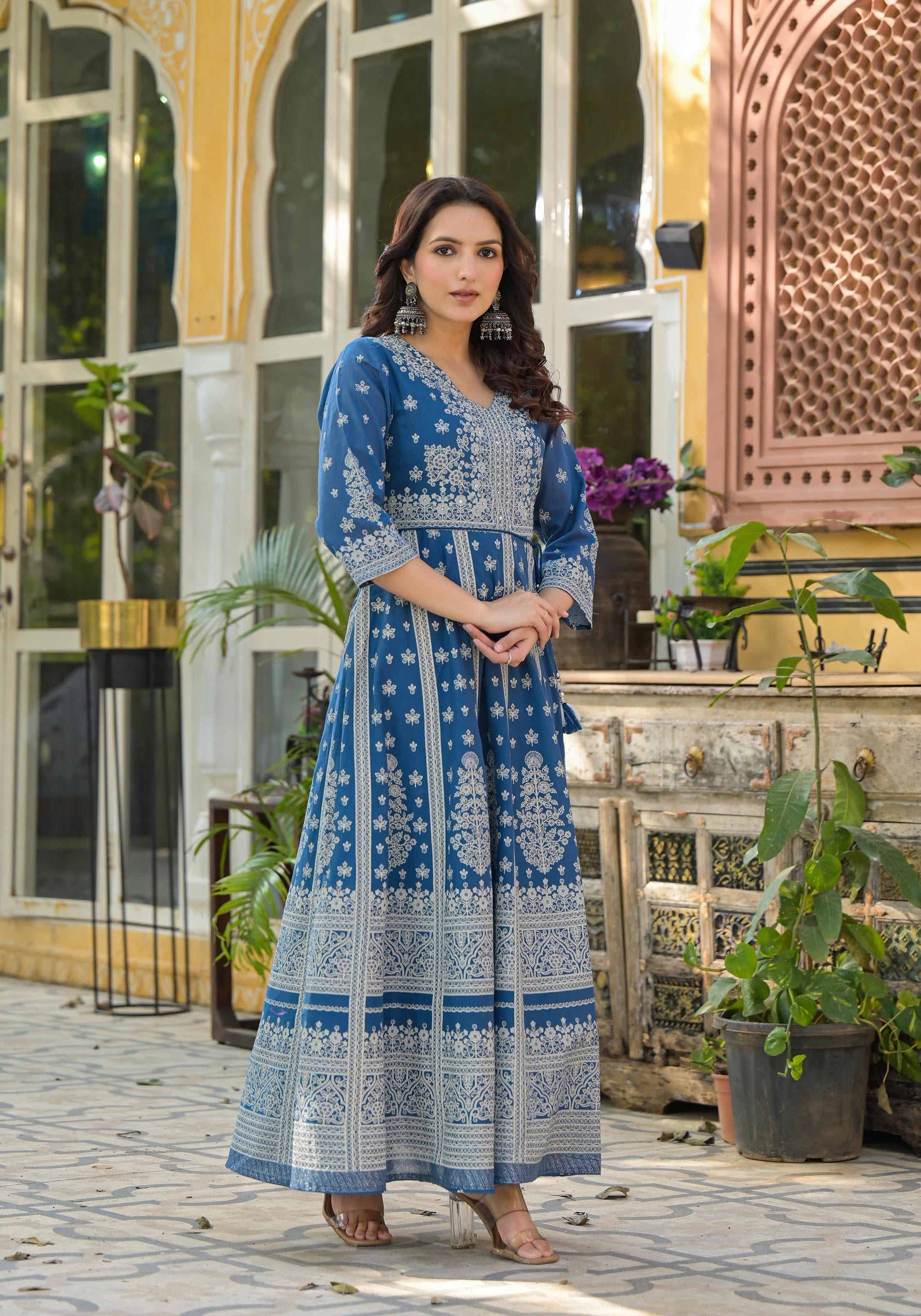 Indigo Ethnic Motif Printed Cotton Long Dress