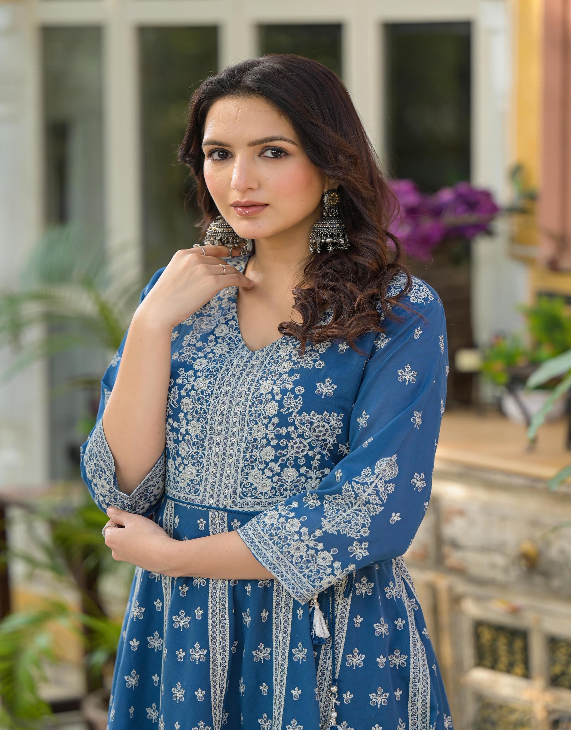 Indigo Ethnic Motif Printed Cotton Long Dress