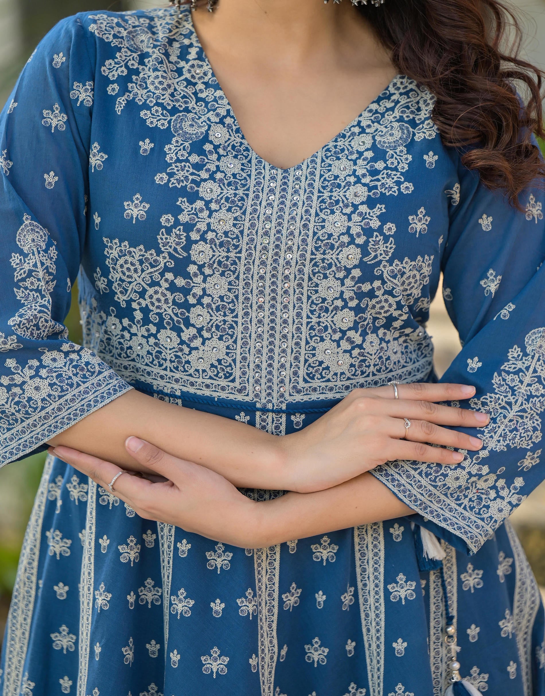 Indigo Ethnic Motif Printed Cotton Long Dress