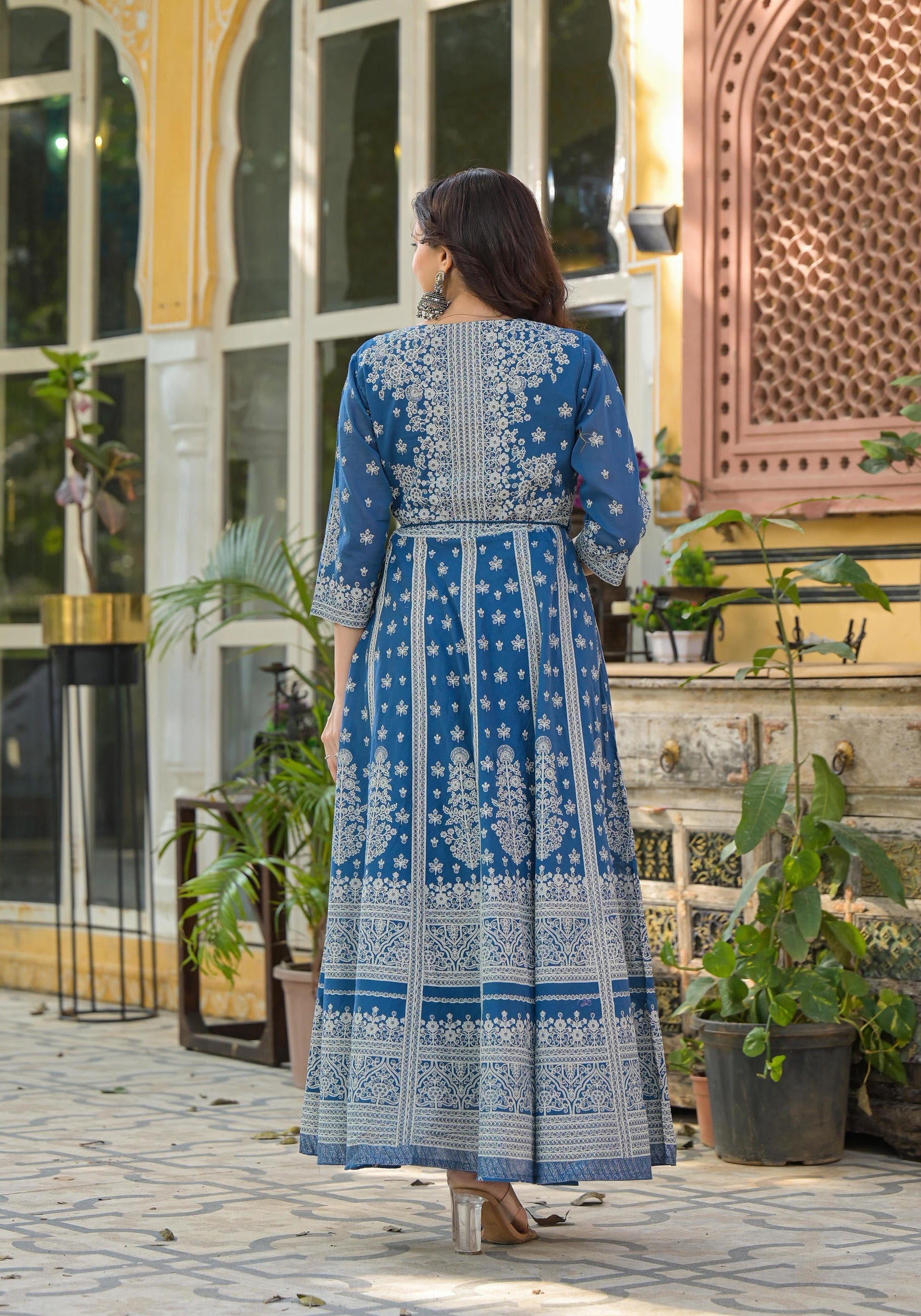 Indigo Ethnic Motif Printed Cotton Long Dress