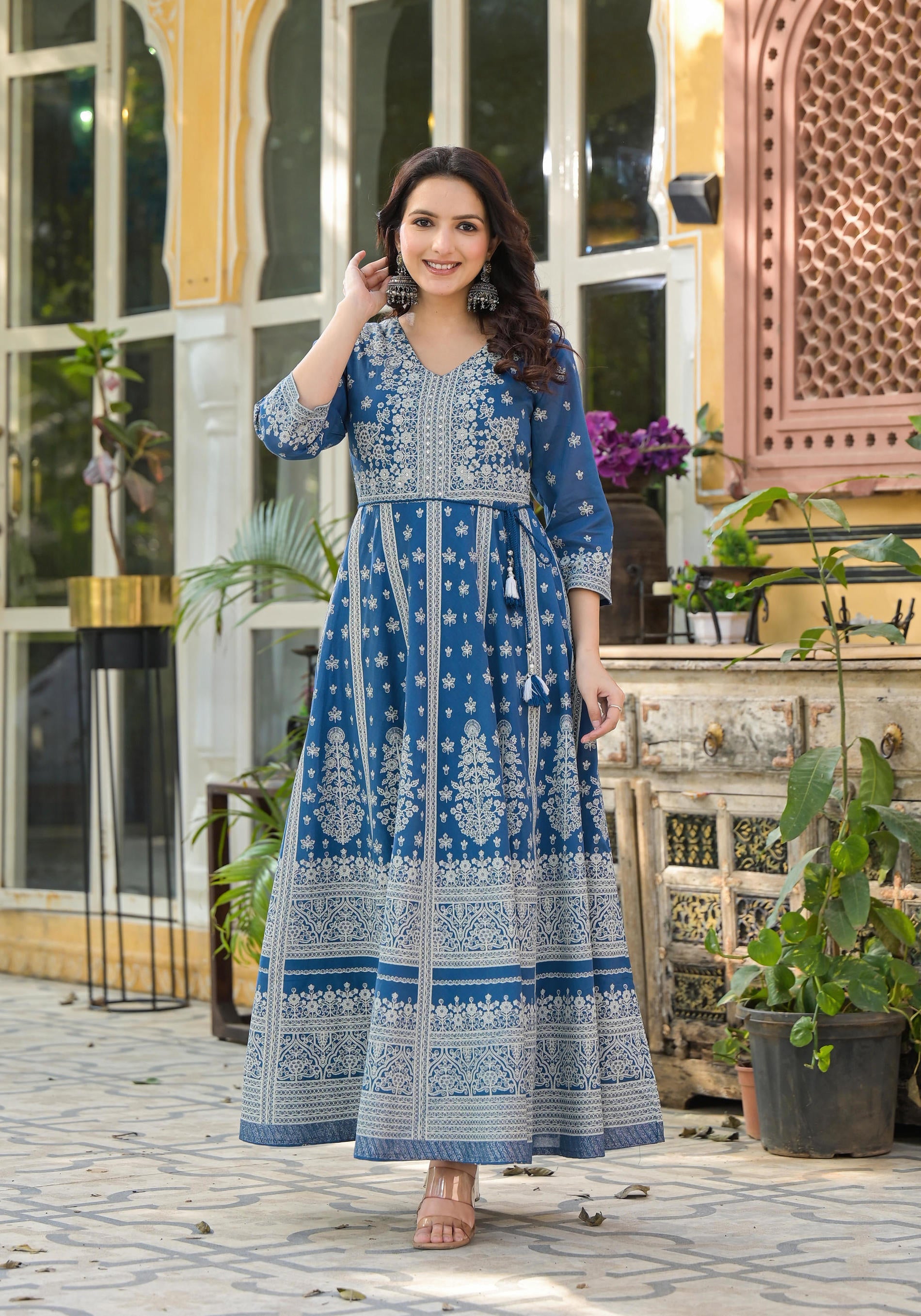 Indigo Ethnic Motif Printed Cotton Long Dress