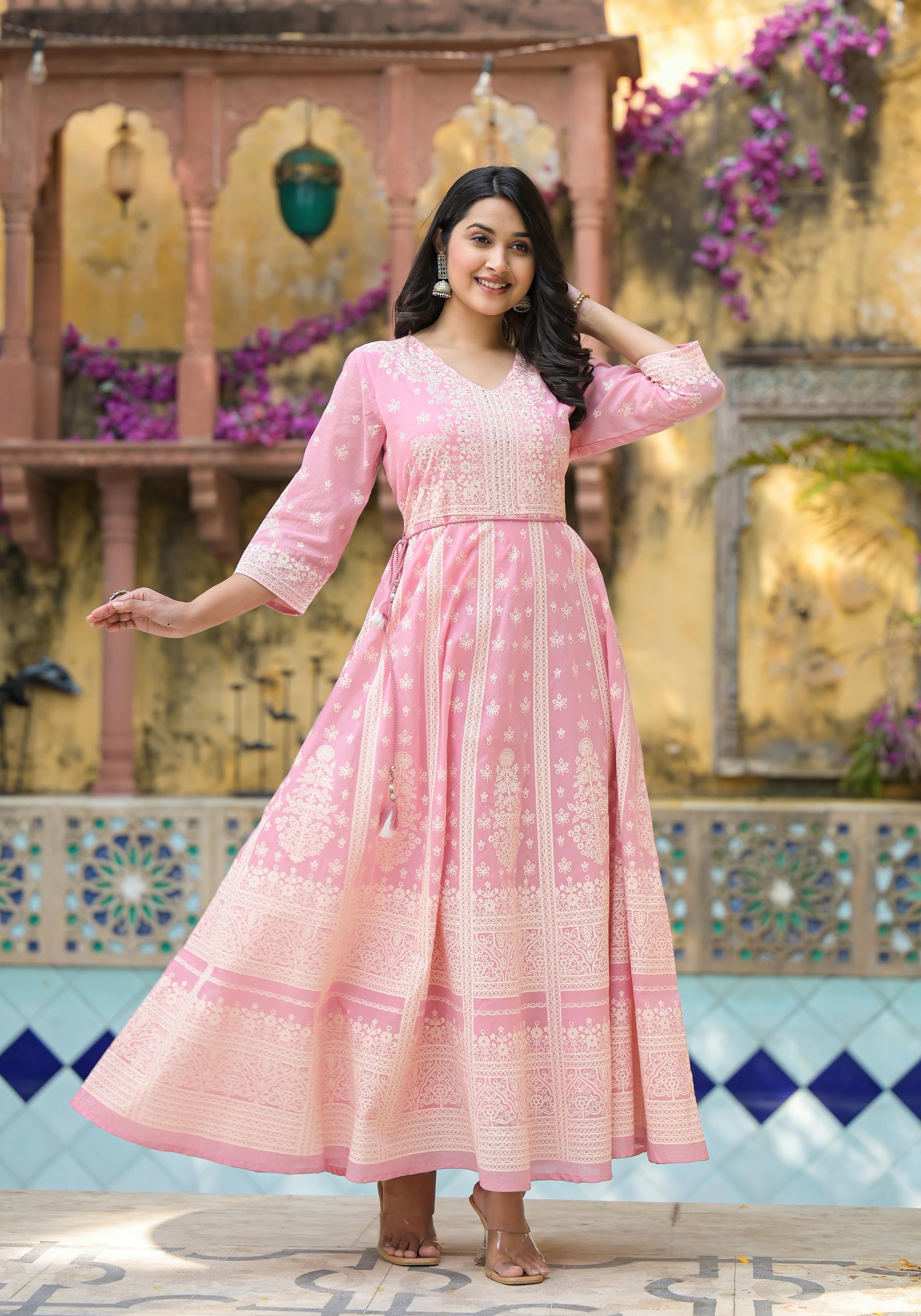Onion Pink Anarkali Dress with Intricate White Print