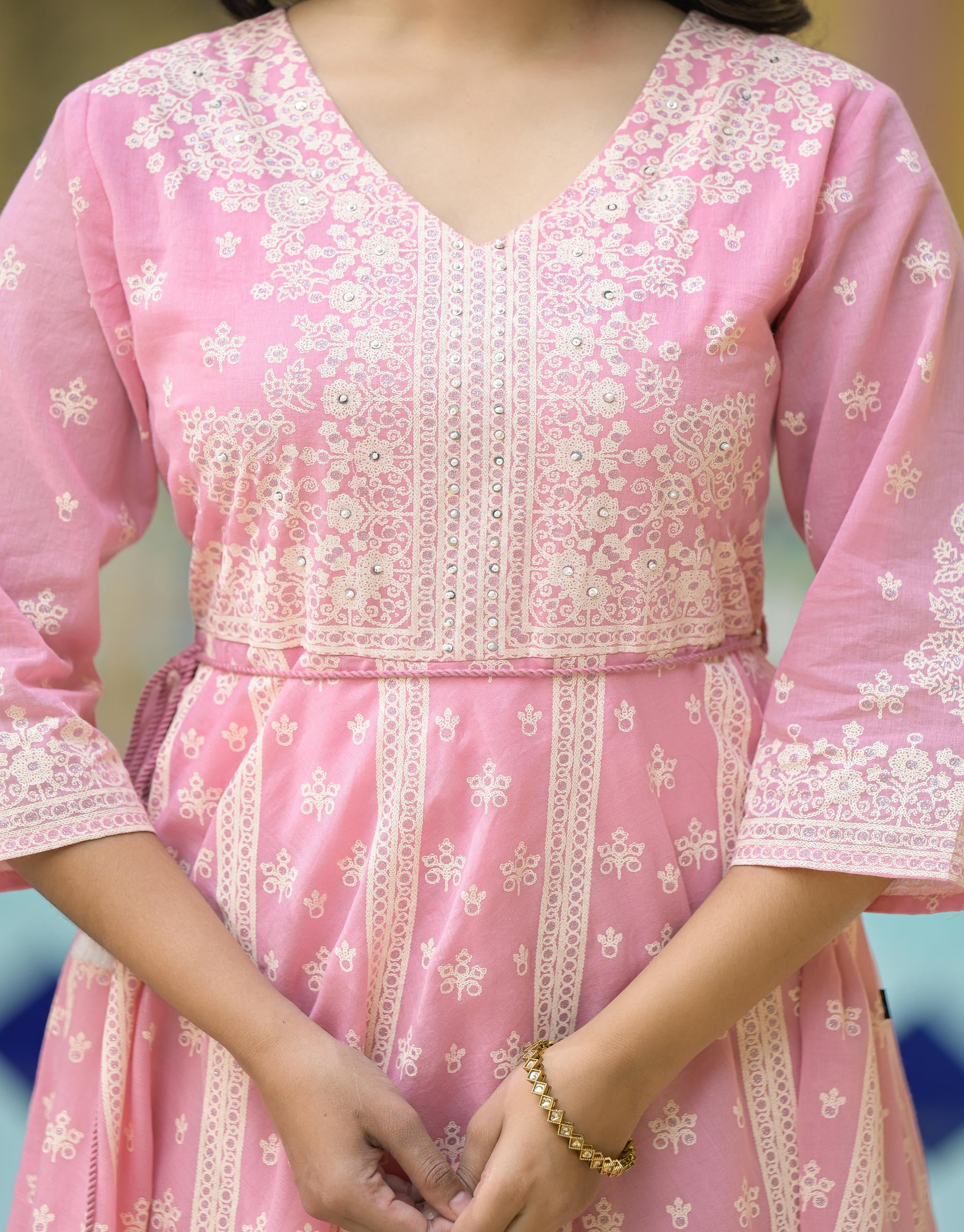 Onion Pink Anarkali Dress with Intricate White Print