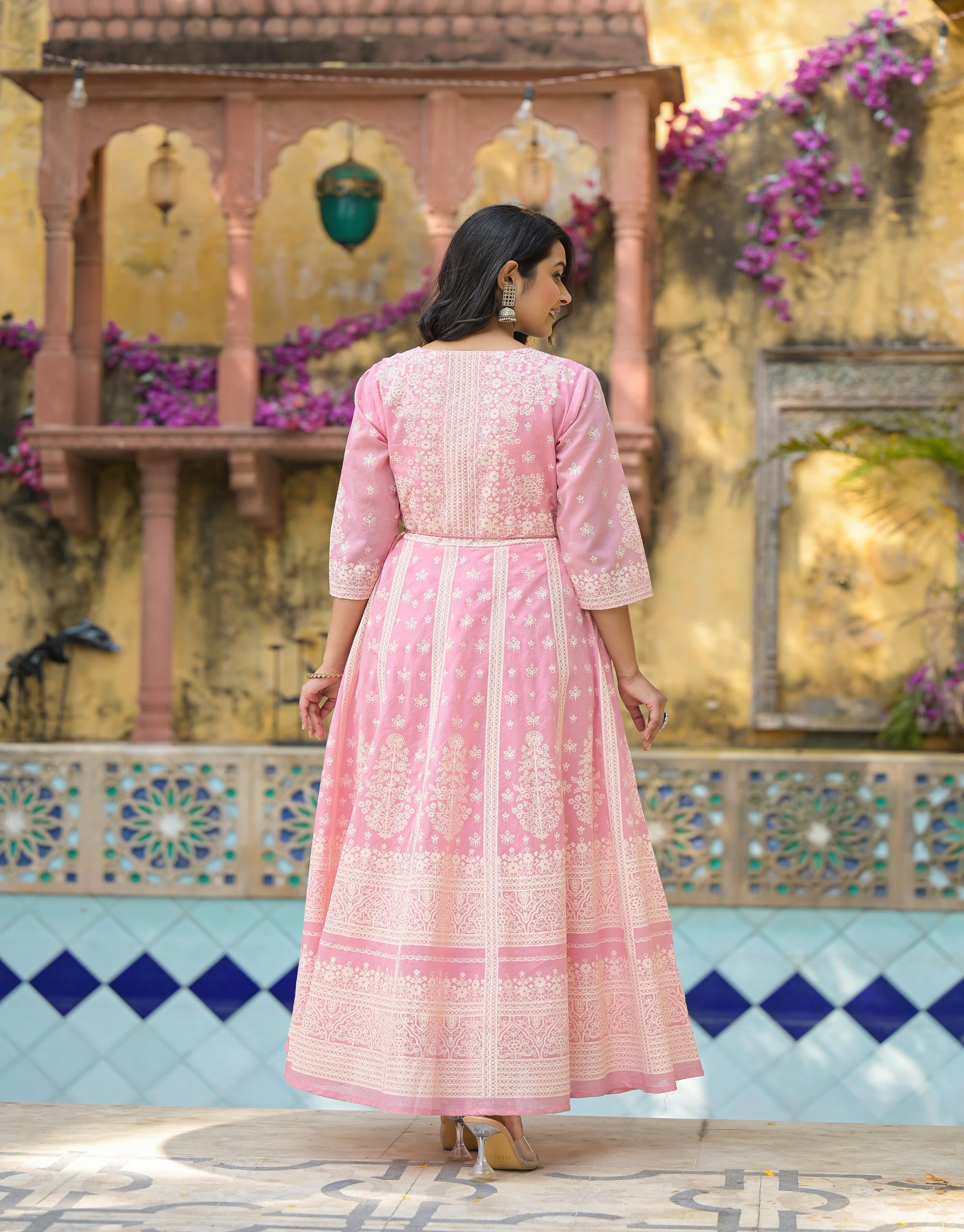 Onion Pink Anarkali Dress with Intricate White Print