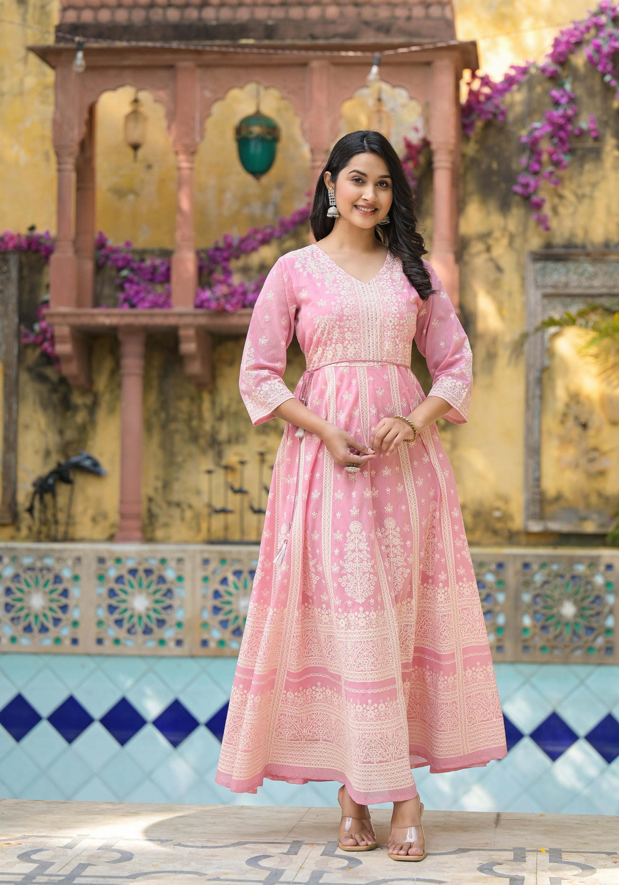 Onion Pink Anarkali Dress with Intricate White Print