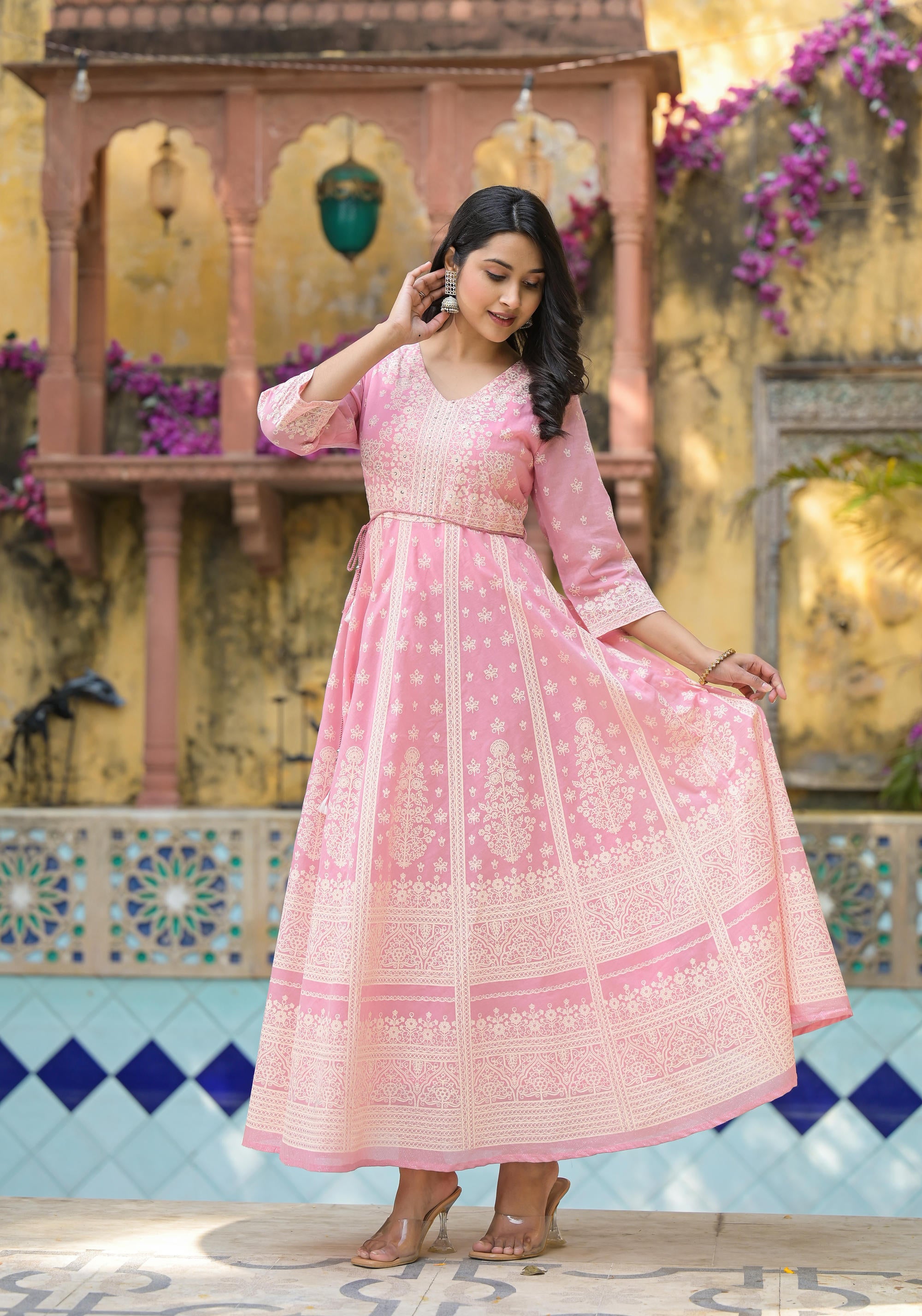 Onion Pink Anarkali Dress with Intricate White Print