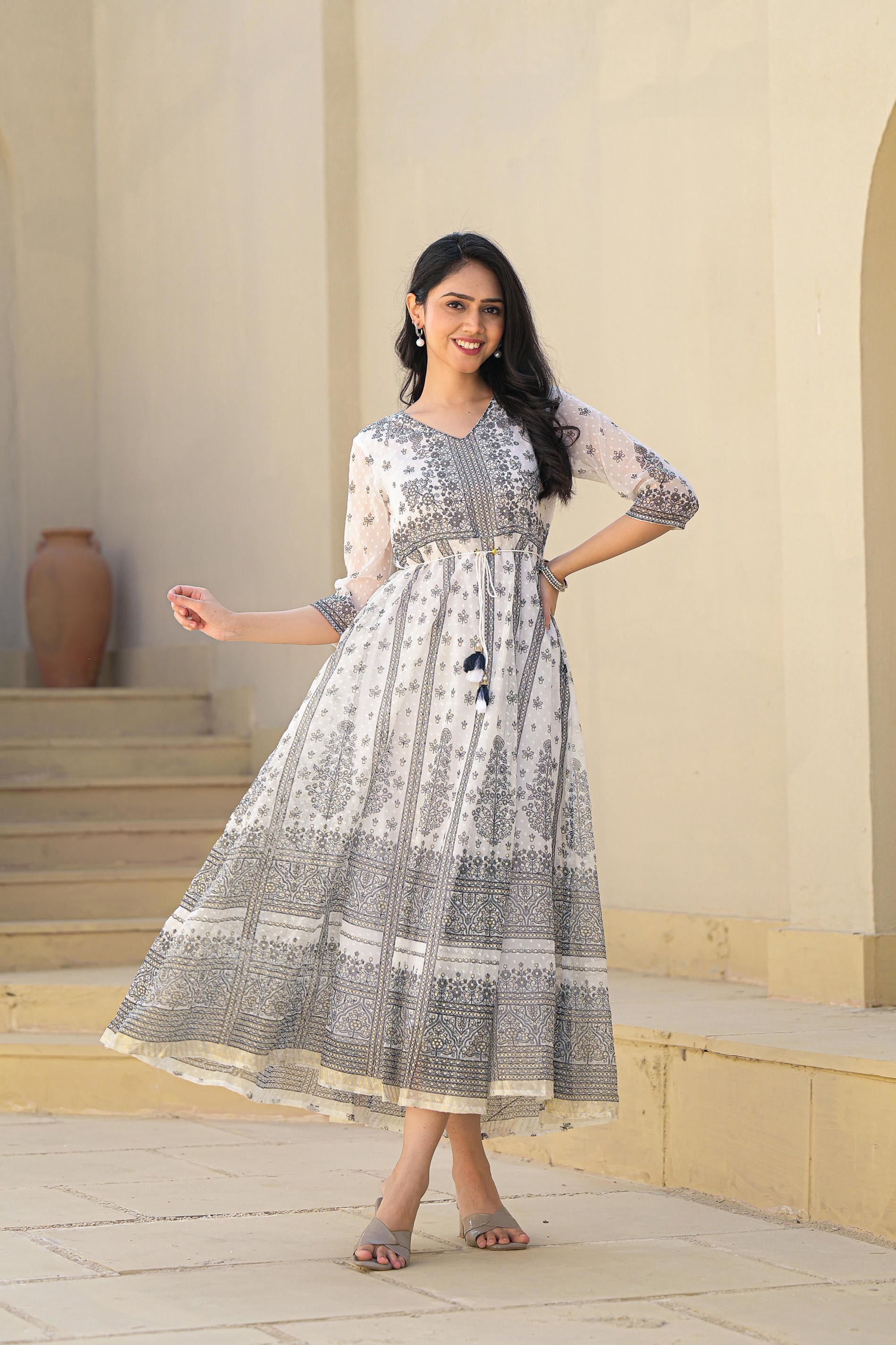 White Ethnic Motif Printed Chiffon Long Dress With Dori